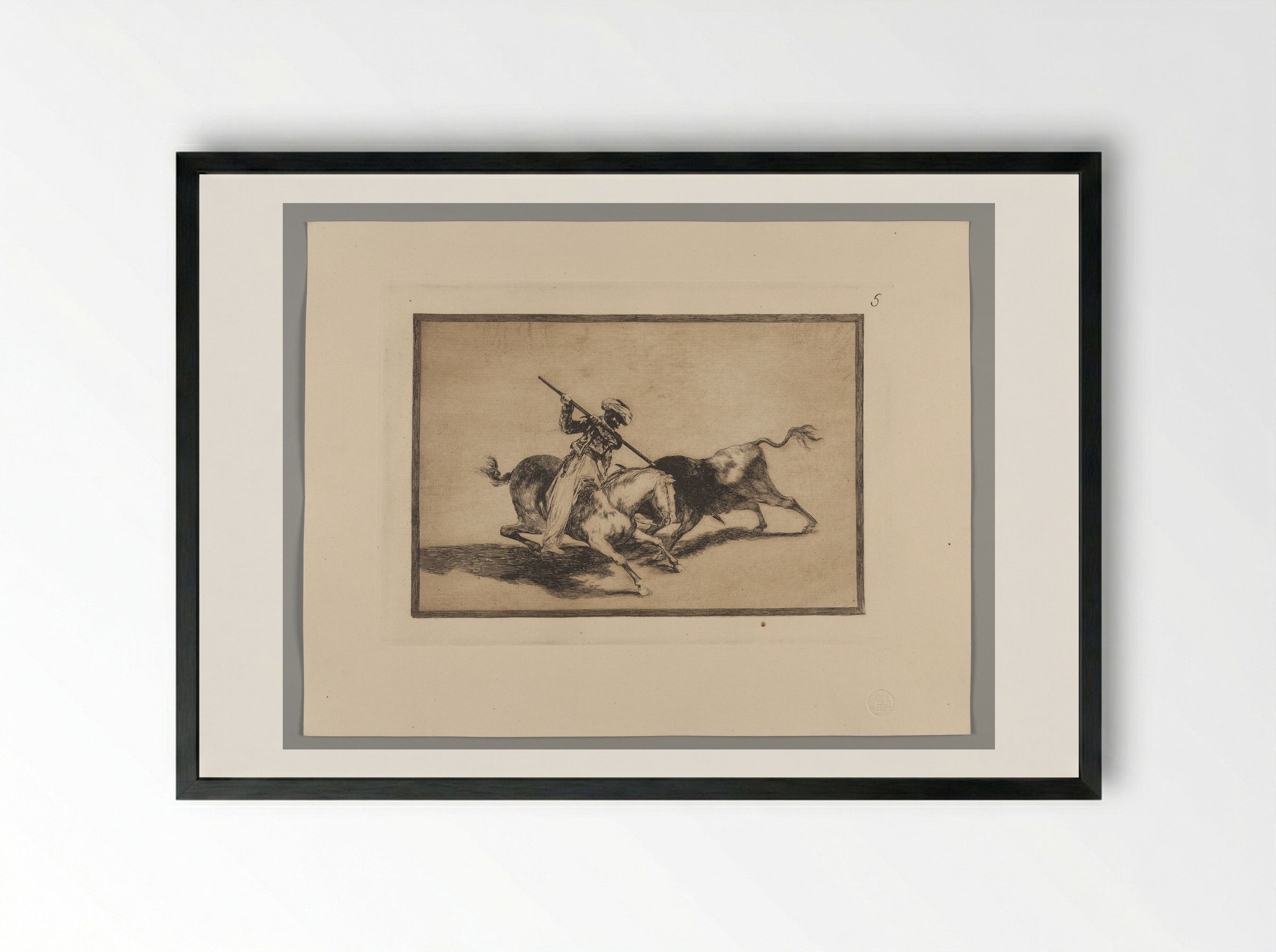 The Spirited Moor Gazul is the First to Spear Bulls according to Rules - Francisco José de Goya y Lucientes - Framed Print Black