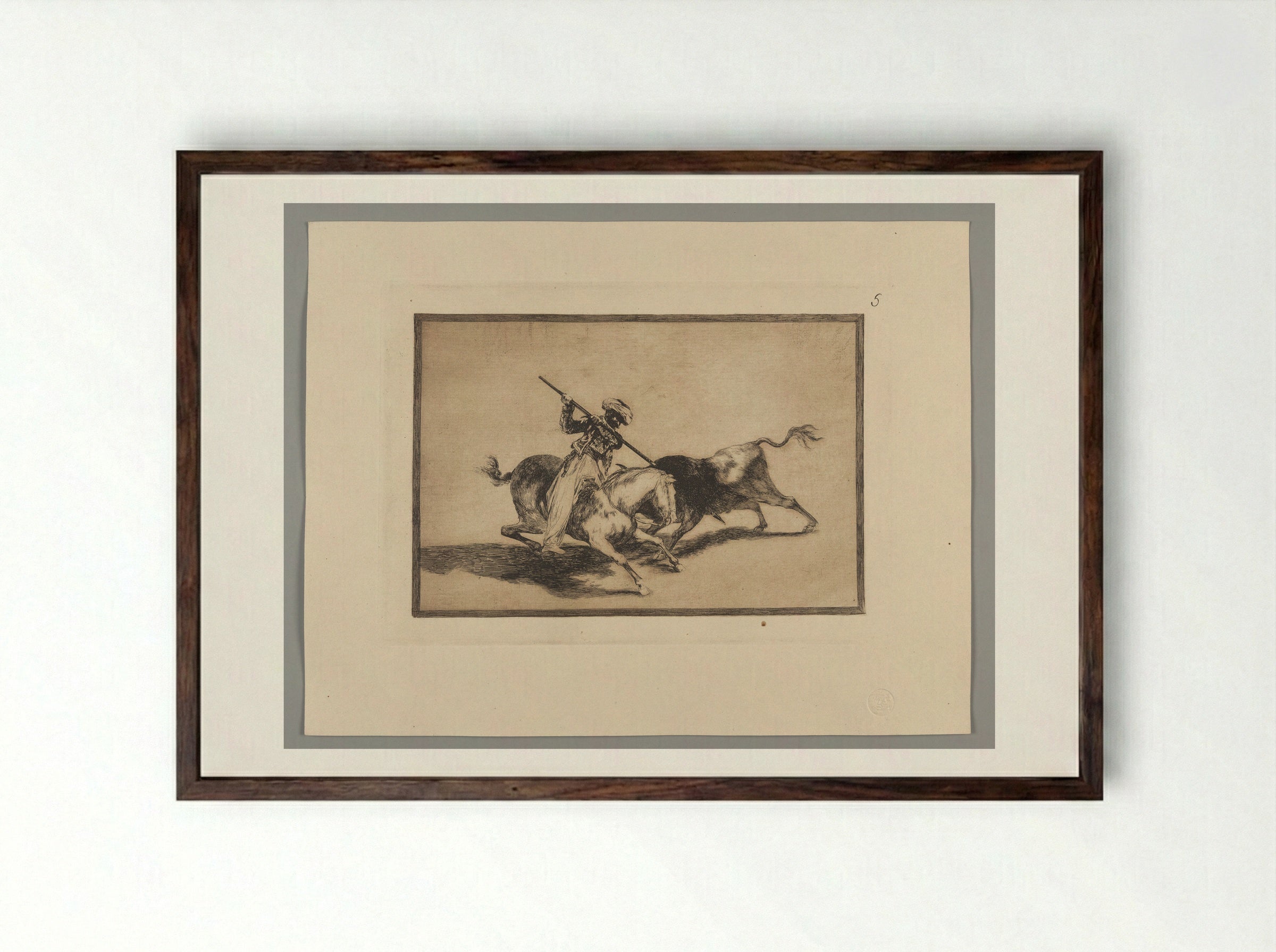 The Spirited Moor Gazul is the First to Spear Bulls according to Rules - Francisco José de Goya y Lucientes - Framed Print Dark Wood