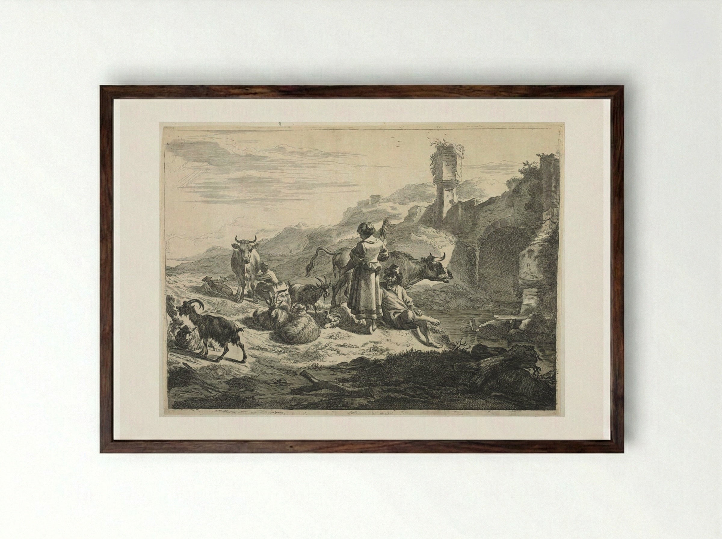 The Standing Spinner - Cornelis Visscher - Framed Print Dark Wood