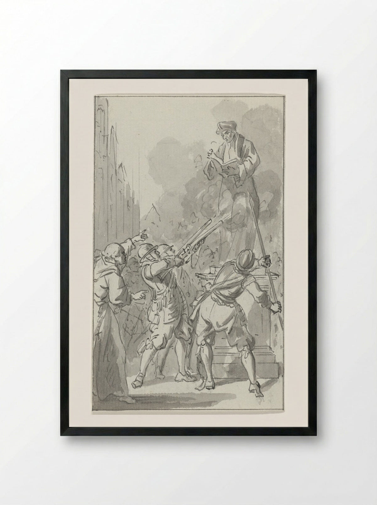 The Statue of Erasmus Fired Upon by the Spanish in Rotterdam, 1572 - Jacobus Buys - Framed Print Black