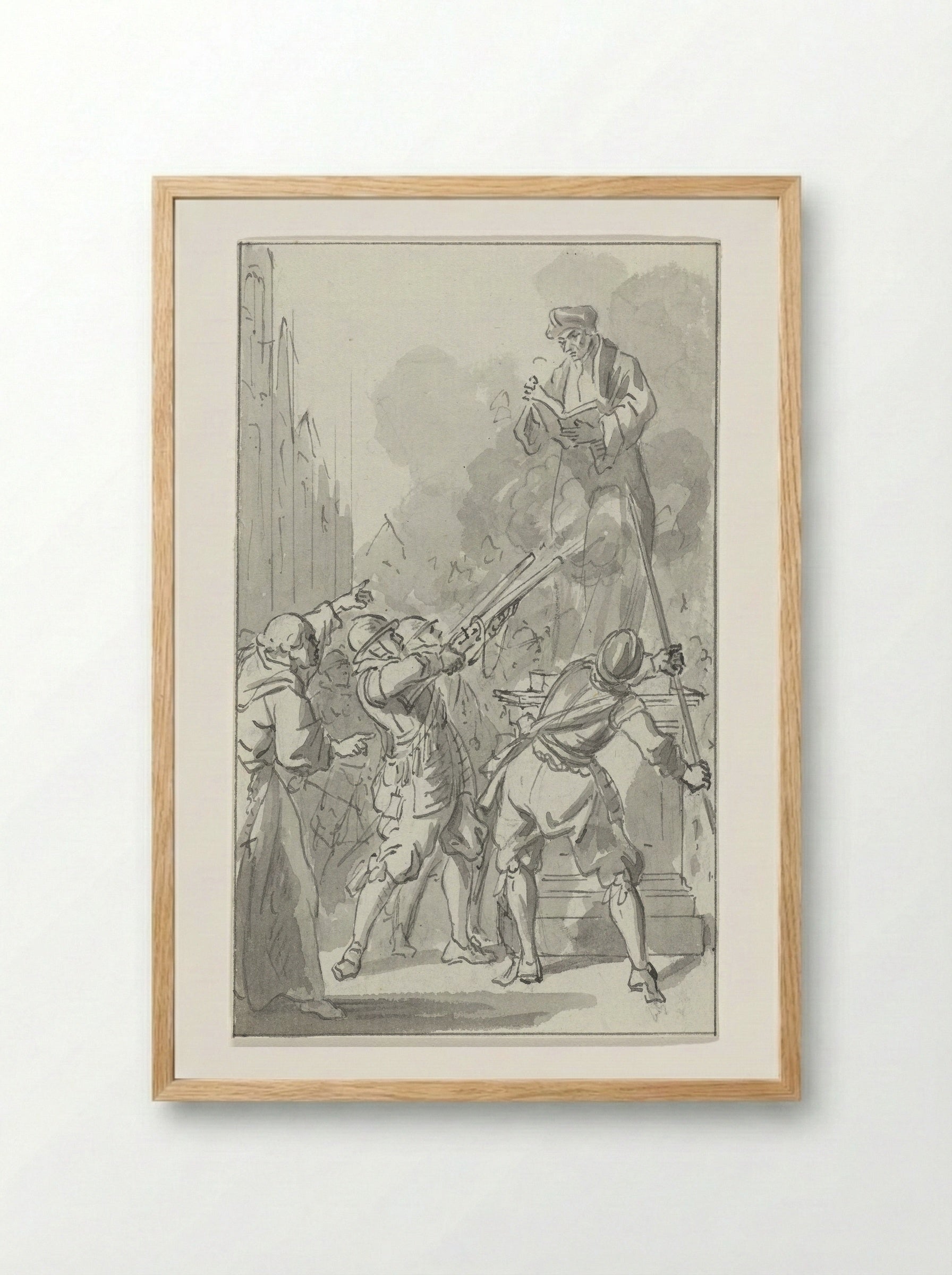 The Statue of Erasmus Fired Upon by the Spanish in Rotterdam, 1572 - Jacobus Buys - Framed Print Wood