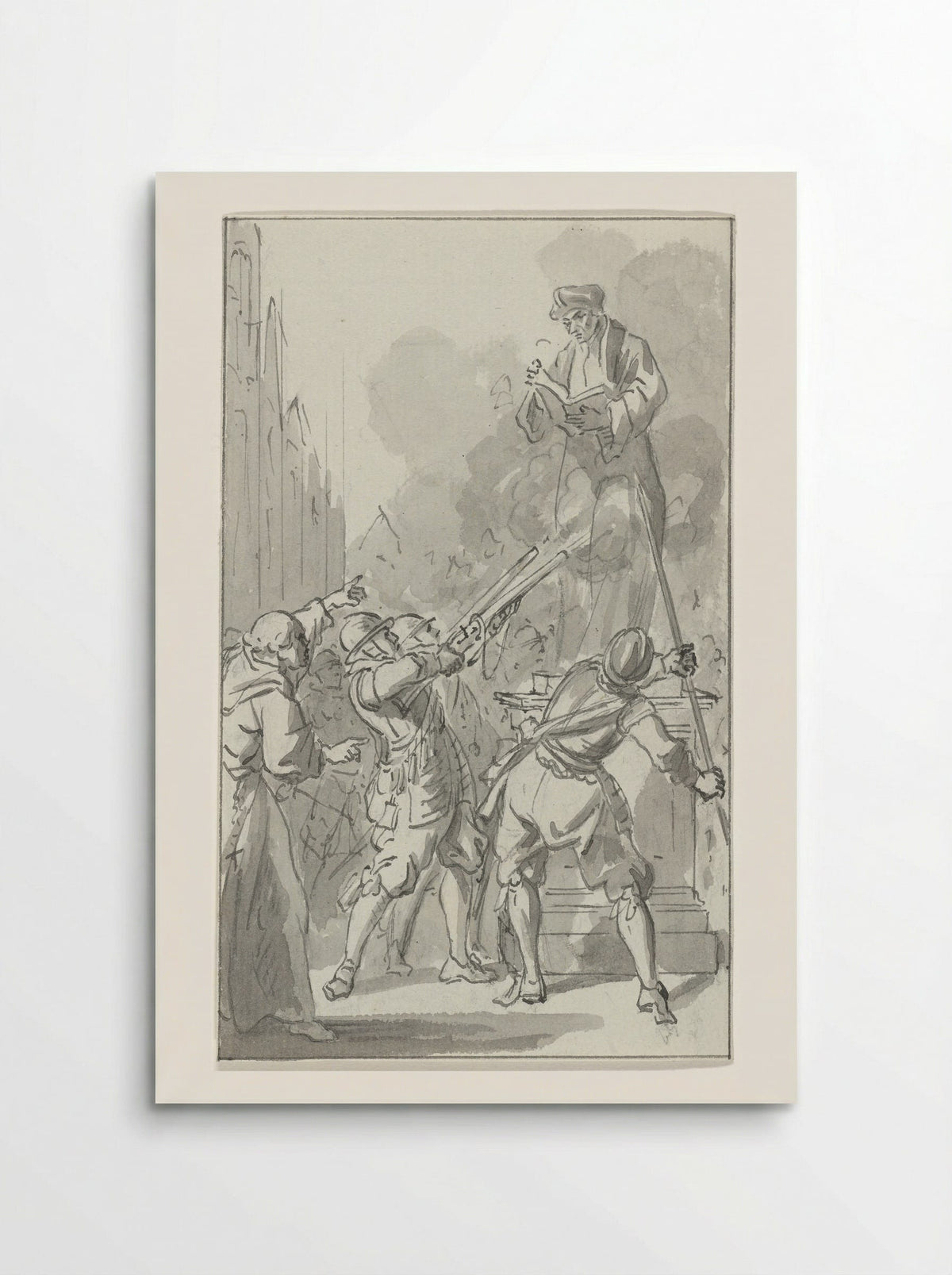 The Statue of Erasmus Fired Upon by the Spanish in Rotterdam, 1572 - Jacobus Buys - Poster