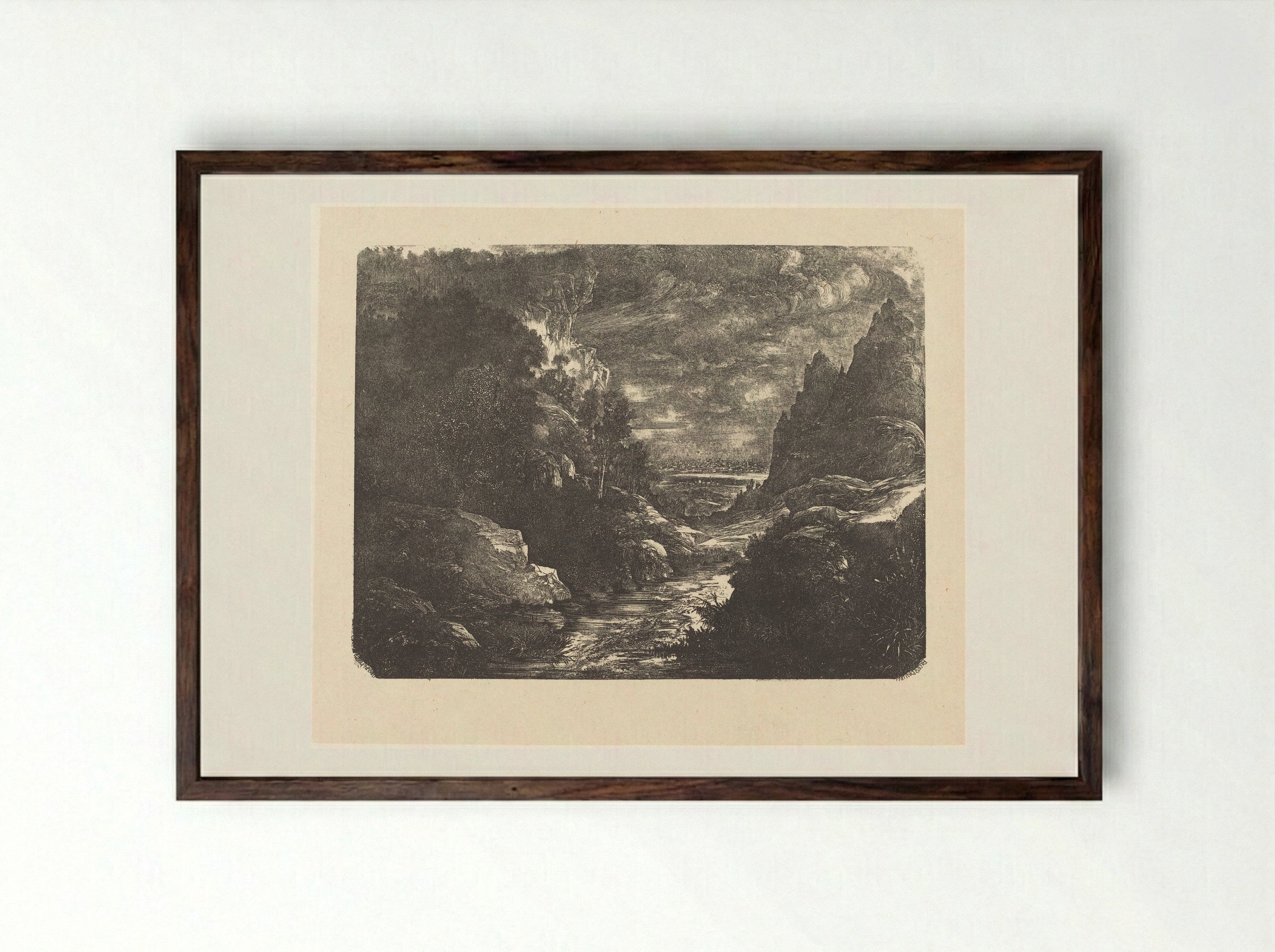 The Stream in the Gorge - Rodolphe Bresdin - Framed Print Dark Wood
