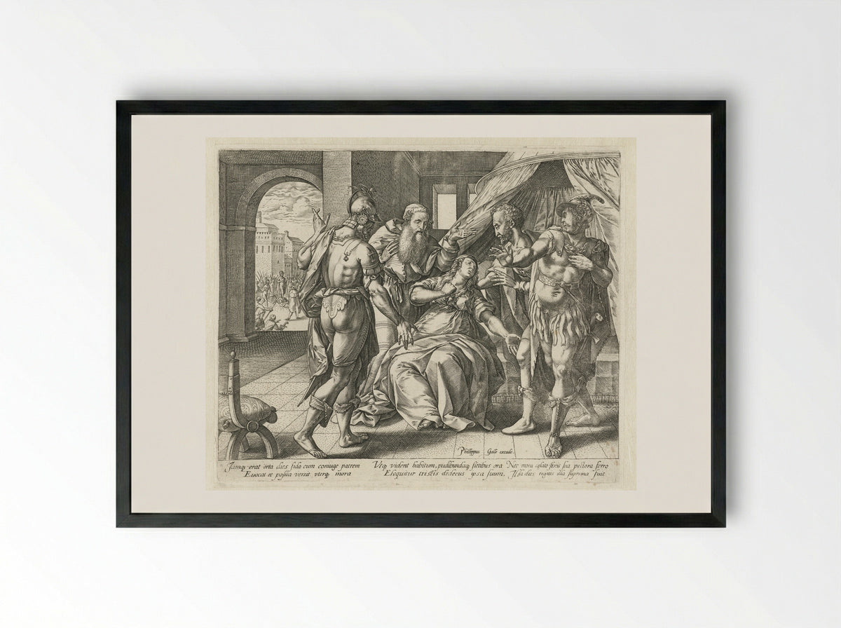 The Suicide of Lucretia - Philips Galle - Framed Print Black
