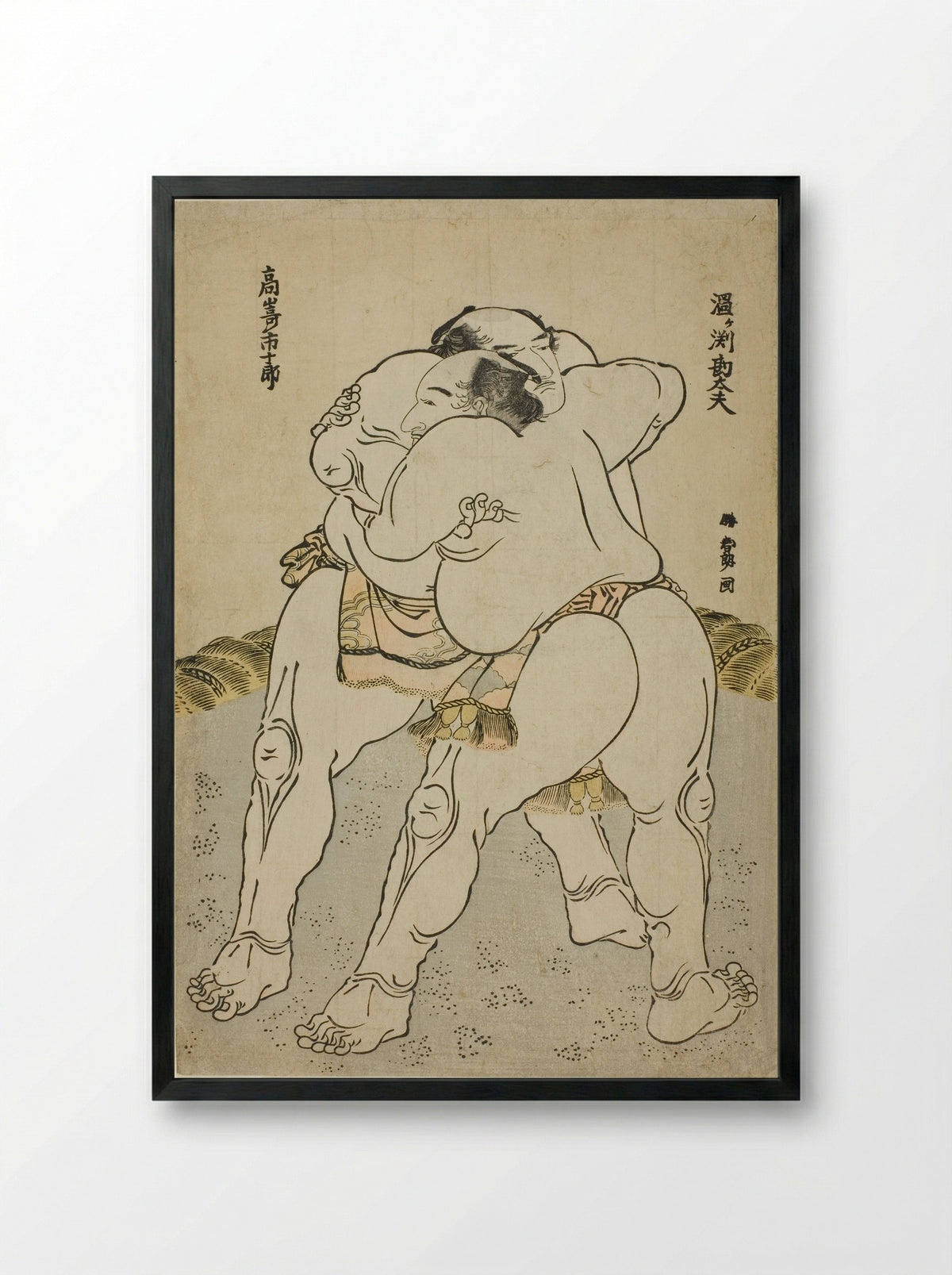 The Sumo Wrestlers Uzugafuchi Kandayu and Takasaki Ichijuro - Katsushika Hokusai - Framed Print Black