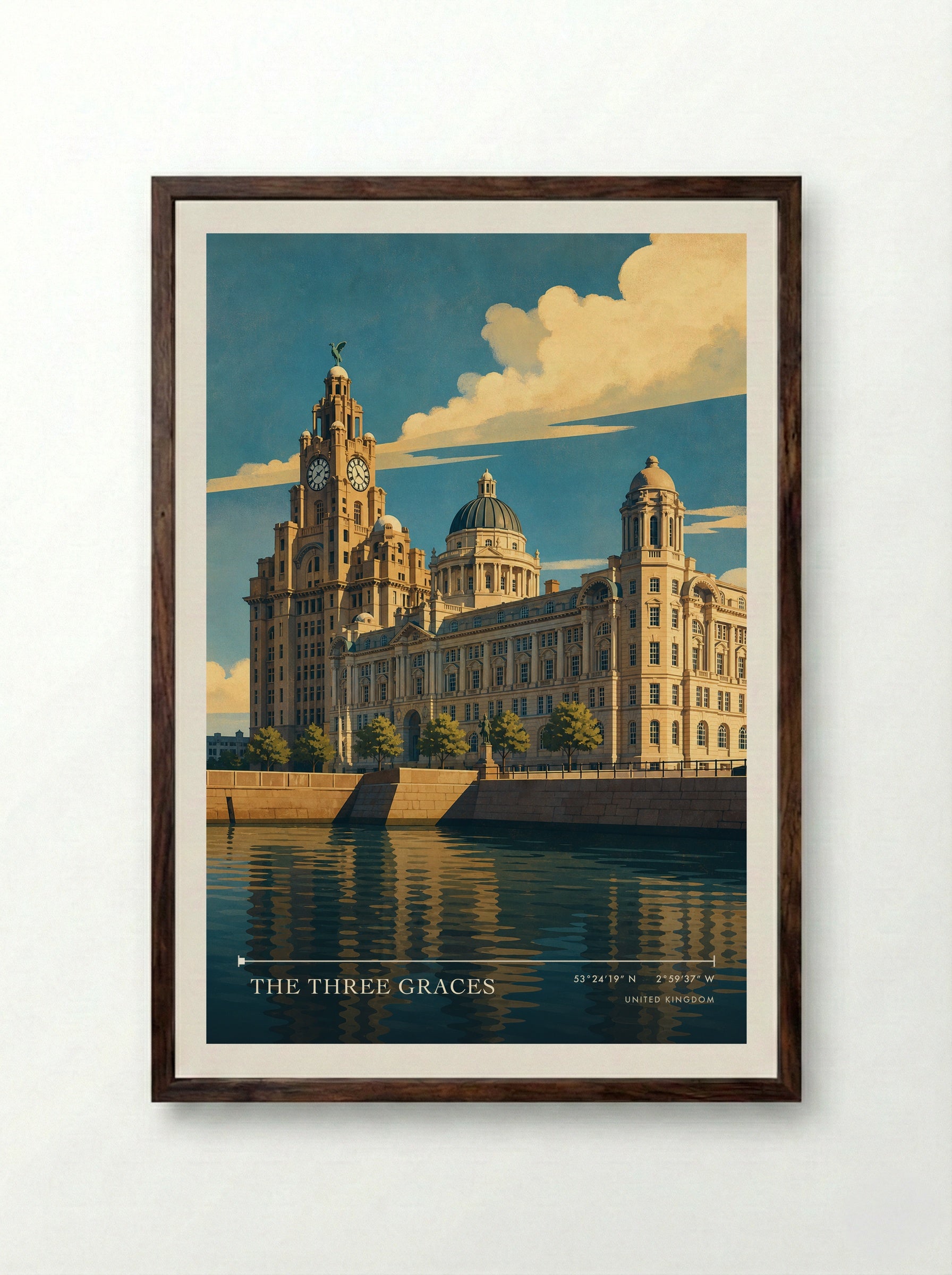 The Three Graces United Kingdom Travel Poster - Framed Print Dark Wood