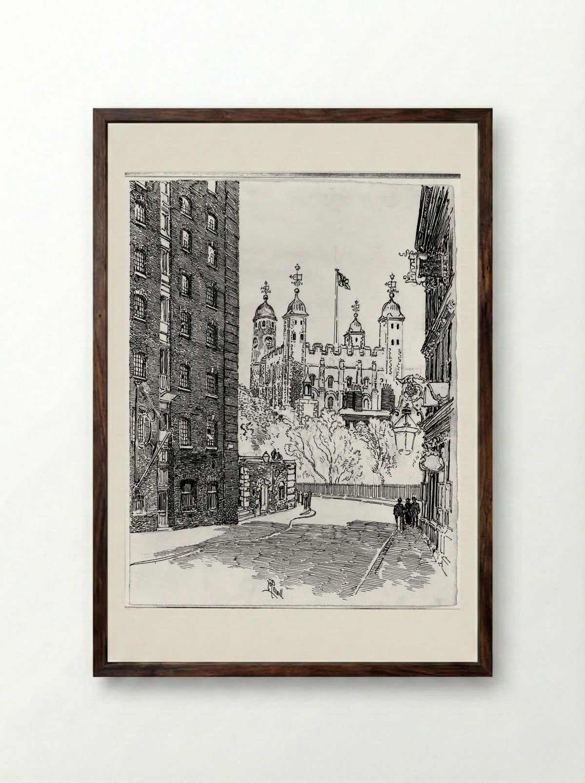 The Tower from Great Tower Street - Joseph Pennell - Framed Print Dark Wood