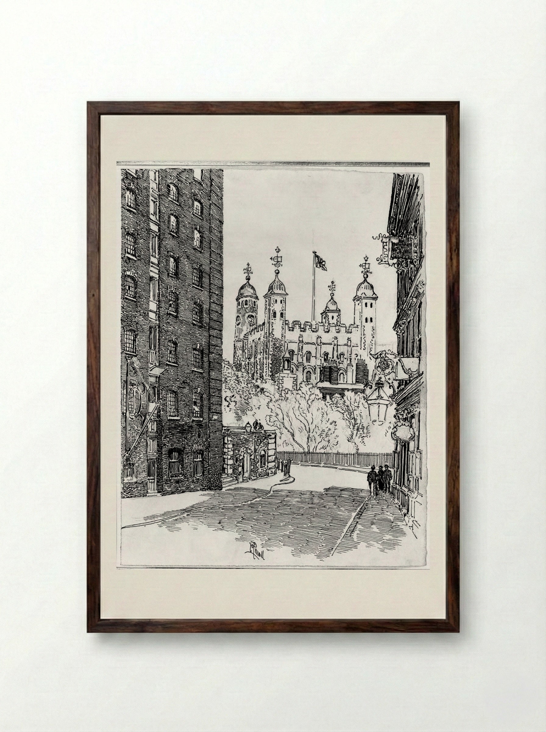 The Tower from Great Tower Street - Joseph Pennell - Framed Print Dark Wood
