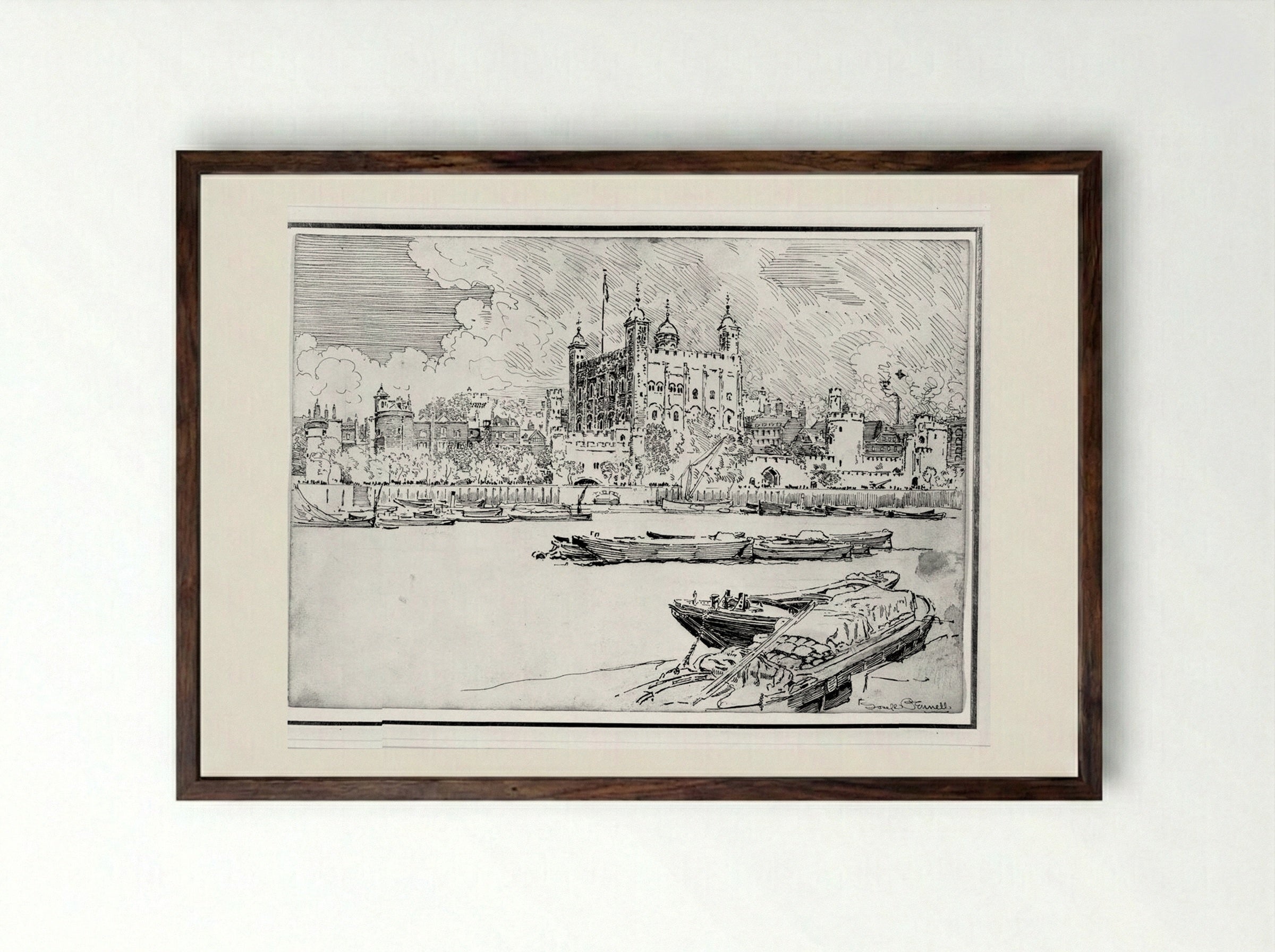 The Tower from the Thames - Joseph Pennell - Framed Print Dark Wood