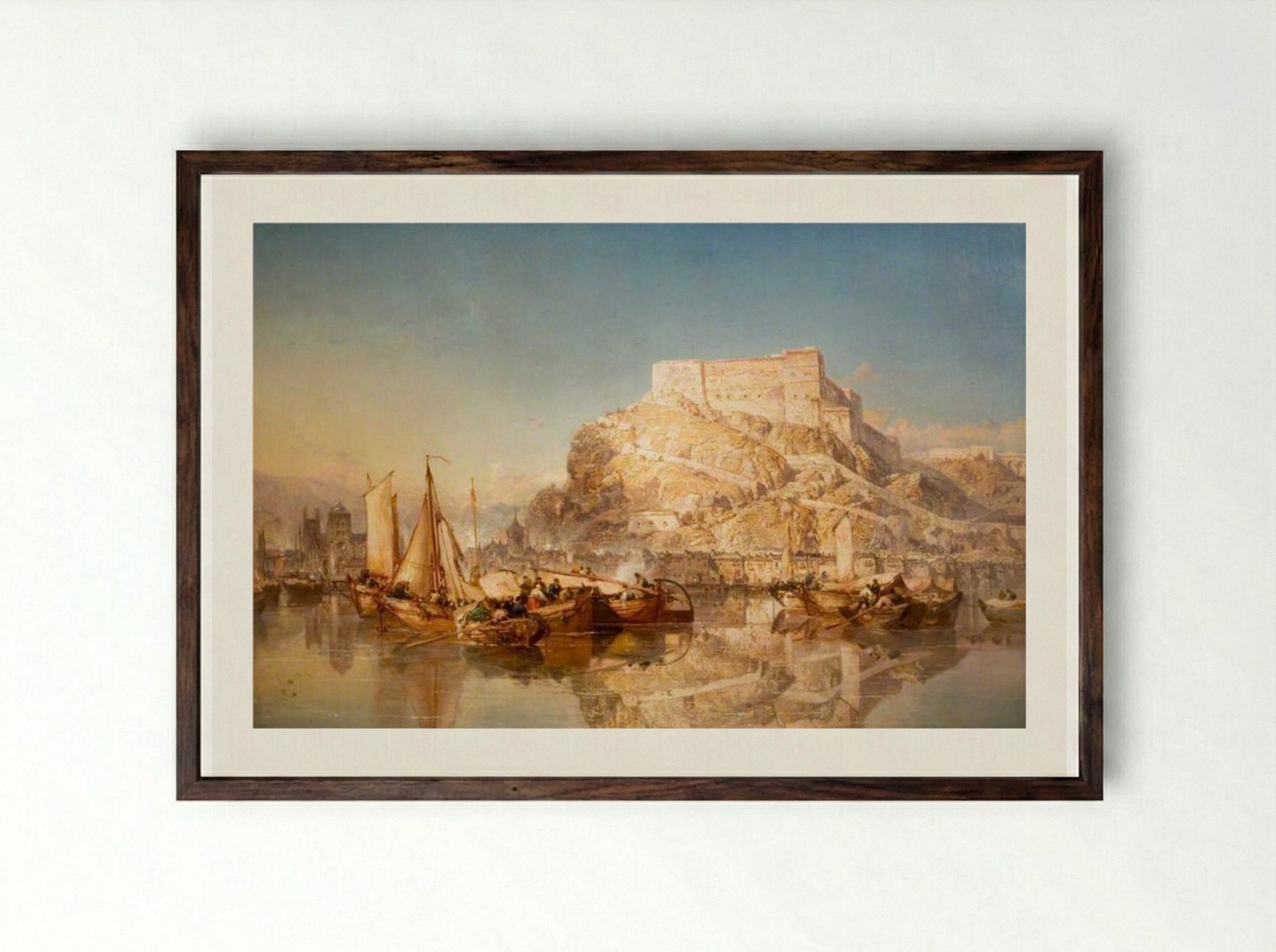 The Town and Fortress of Huy, Belgium, on the River Meuse - James Webb - Framed Print Dark Wood
