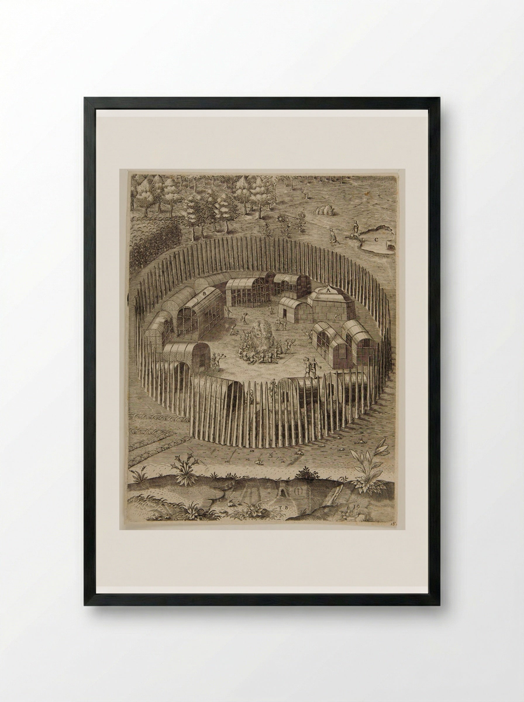 The Town of Pomeiooc - Theodor de Bry - Framed Print Black