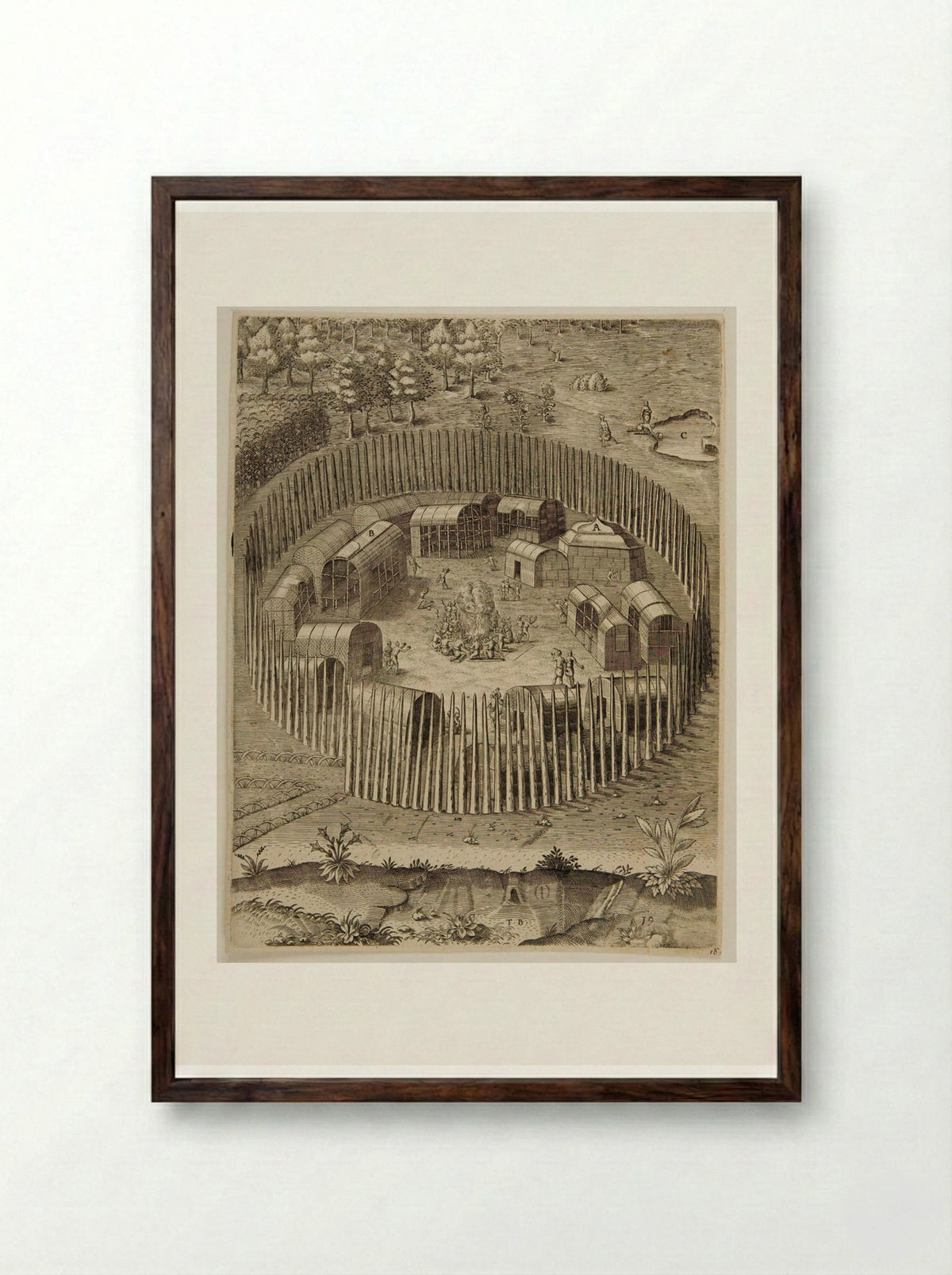 The Town of Pomeiooc - Theodor de Bry - Framed Print Dark Wood
