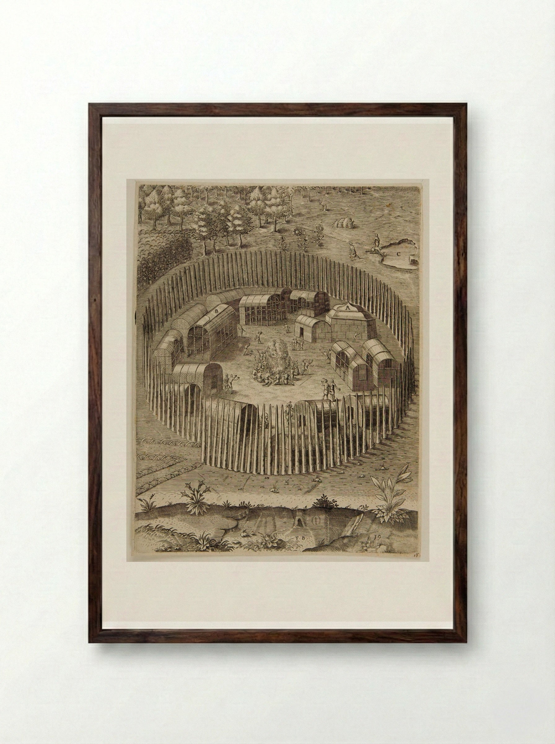 The Town of Pomeiooc - Theodor de Bry - Framed Print Dark Wood