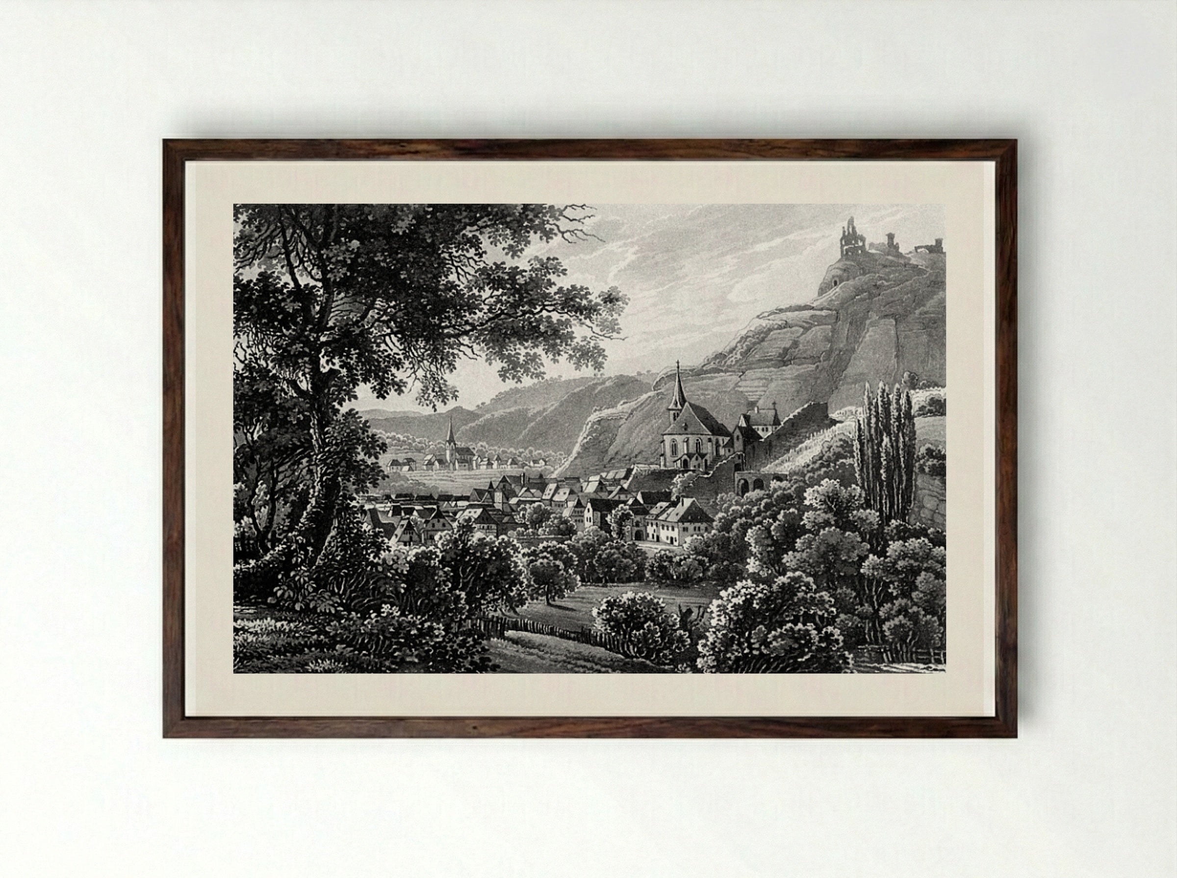 The Town of Traben-Trarbach and the Grevenburg - Karl Bodmer - Framed Print Dark Wood