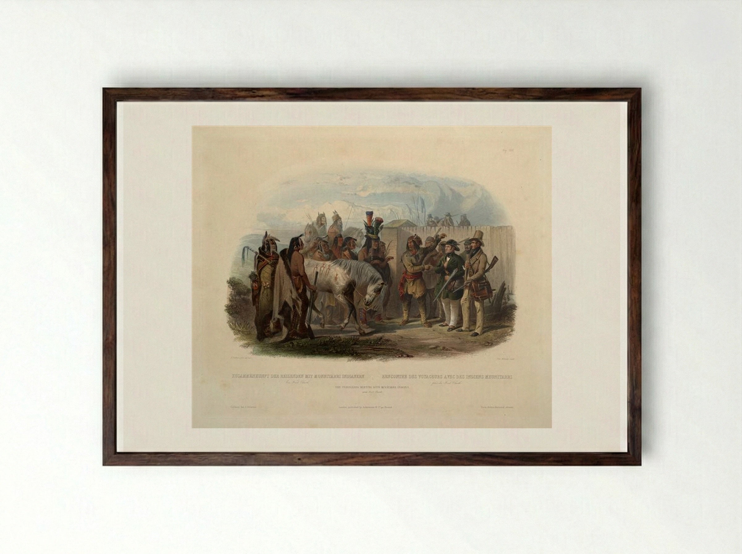 The Travellers Meeting with Minatarre Indians near Fort Clark - Karl Bodmer - Framed Print Dark Wood
