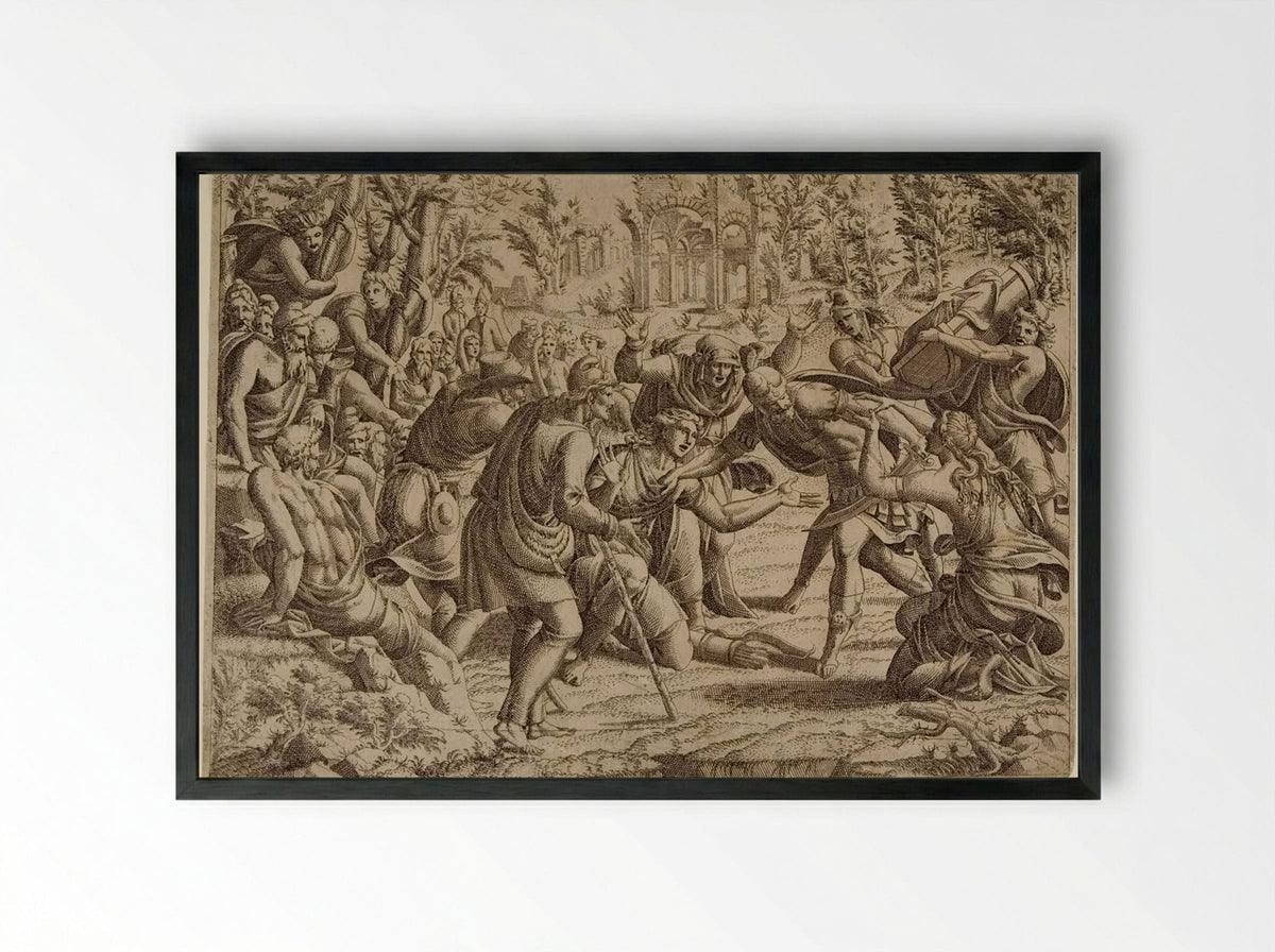 The Treacherous Simon Brought into the Trojan's Camp by the Shepherds - Jean Mignon - Framed Print Black