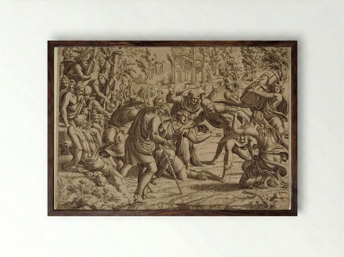 The Treacherous Simon Brought into the Trojan's Camp by the Shepherds - Jean Mignon - Framed Print Dark Wood