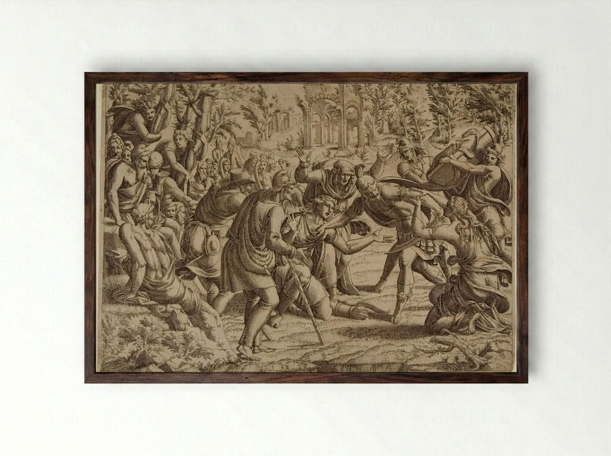 The Treacherous Simon Brought into the Trojan's Camp by the Shepherds - Jean Mignon - Framed Print Dark Wood