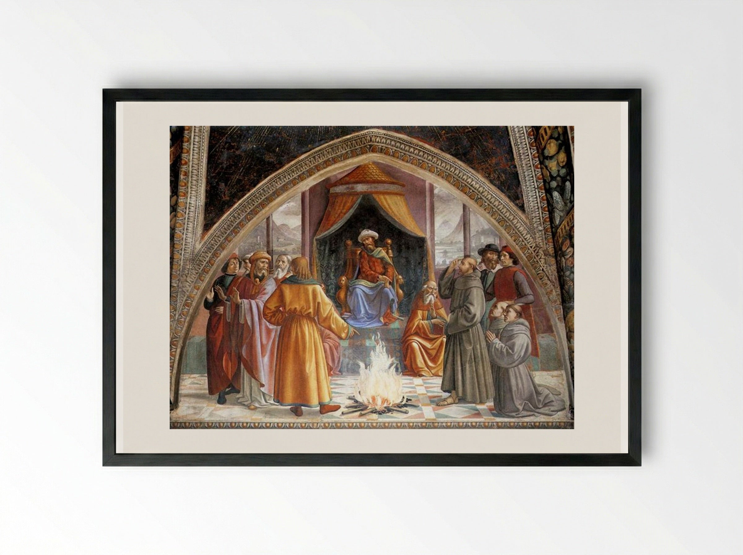 The Trial by Fire, St. Francis before the Sultan of Egypt - Domenico Ghirlandaio - Framed Print Black