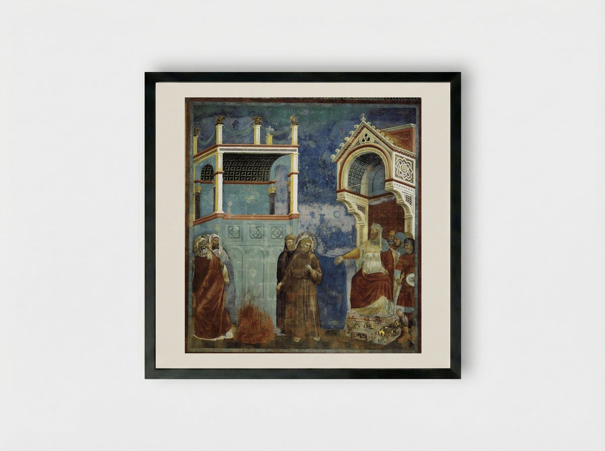 The Trial by Fire, St. Francis before the Sultan - Giotto di Bondone - Framed Print Black