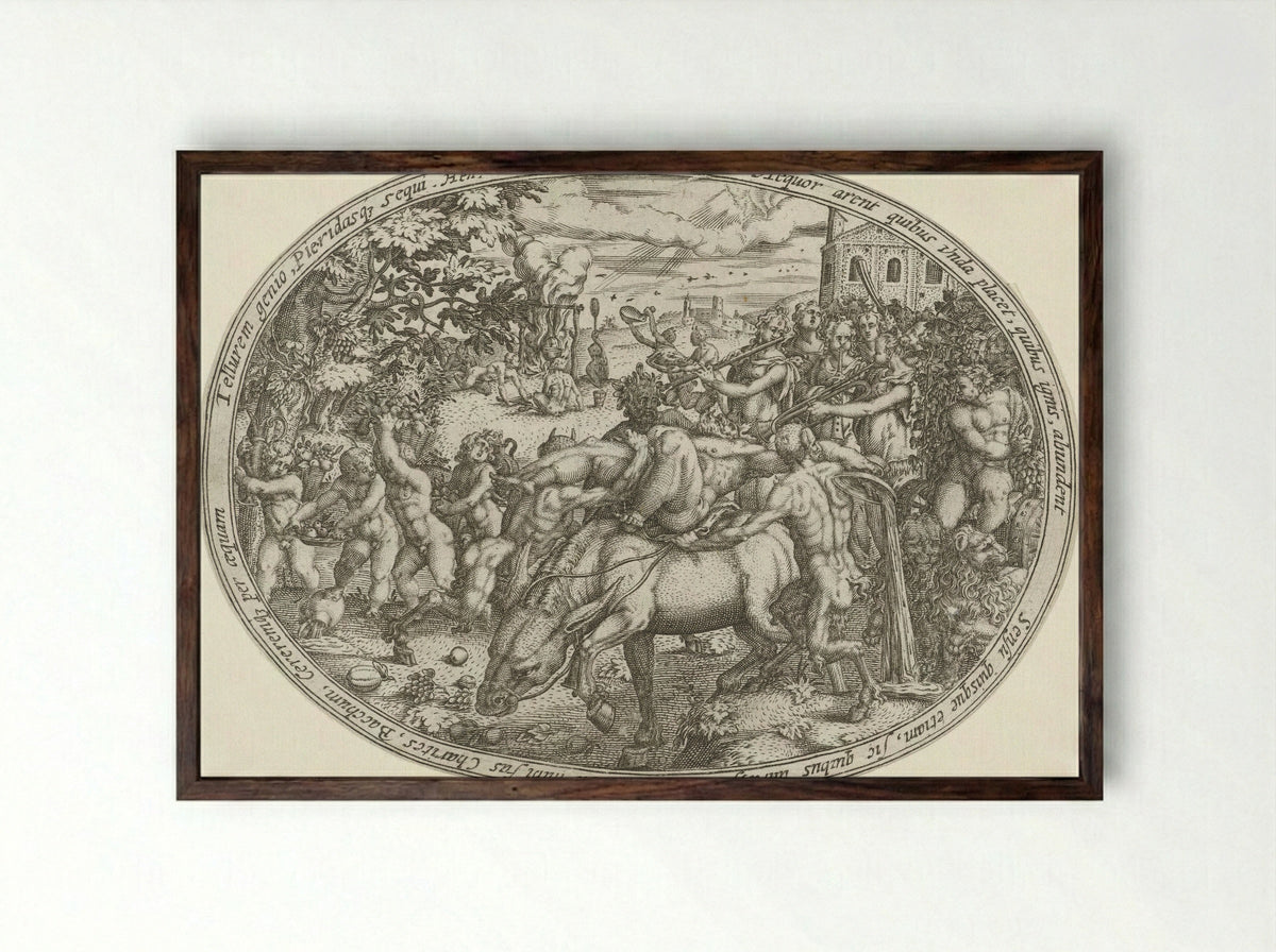 The Triumph of Bacchus and Silenus: The Element Earth - Abraham van den Hecken - Framed Print Dark Wood