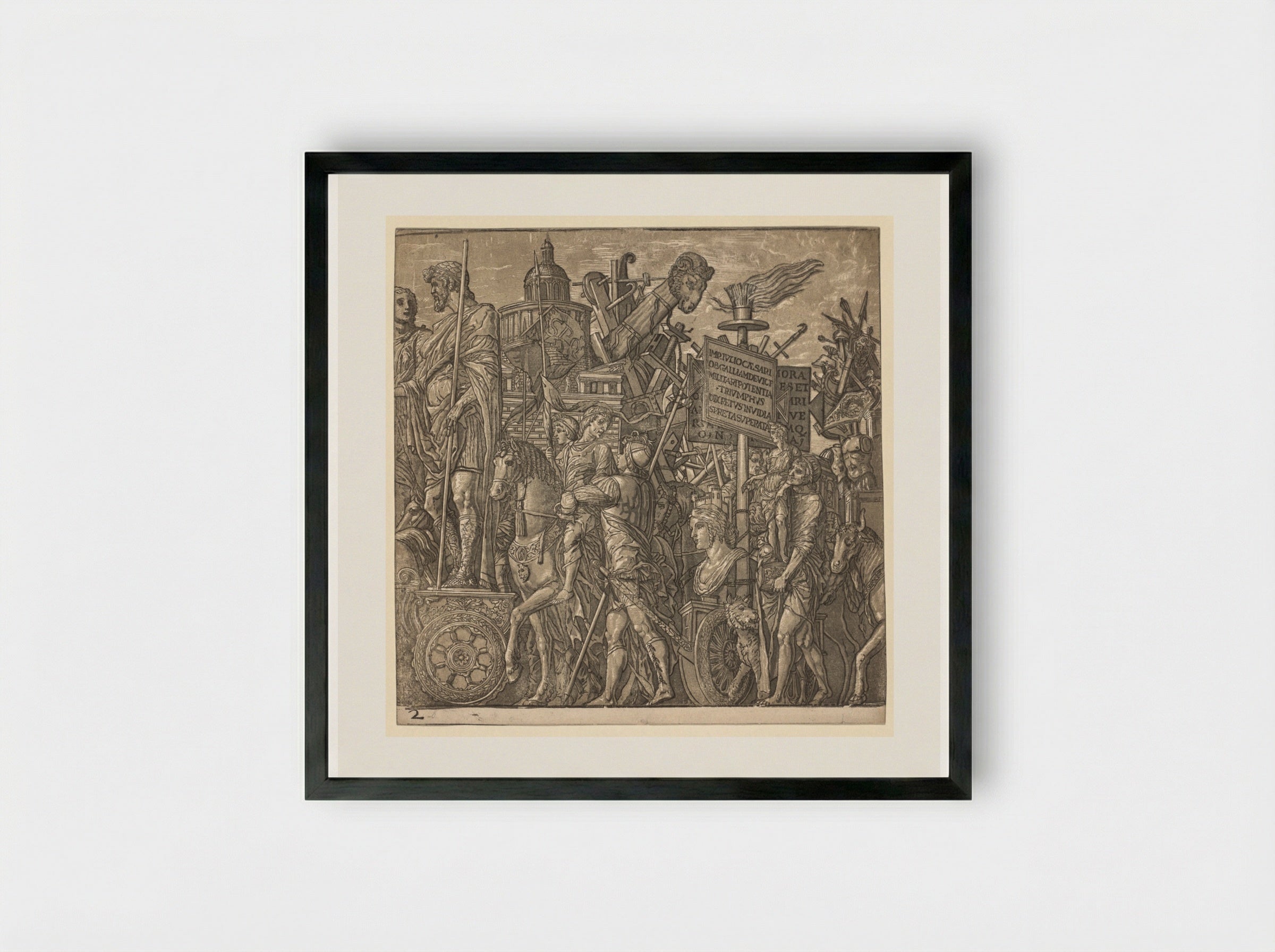 The Triumph of Julius Caesar: Colossal Statues and Siege Equipment - Andrea Andreani - Framed Print Black