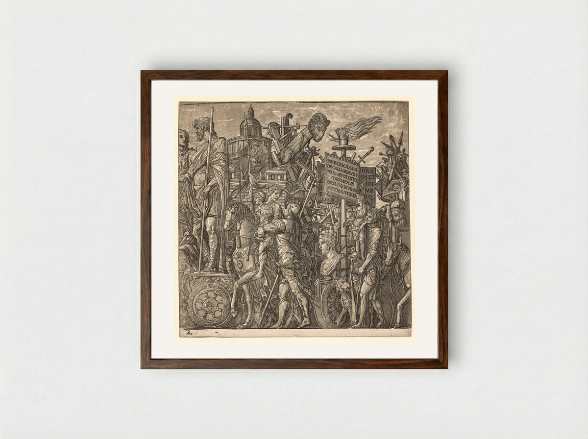 The Triumph of Julius Caesar: Colossal Statues and Siege Equipment - Andrea Andreani - Framed Print Dark Wood