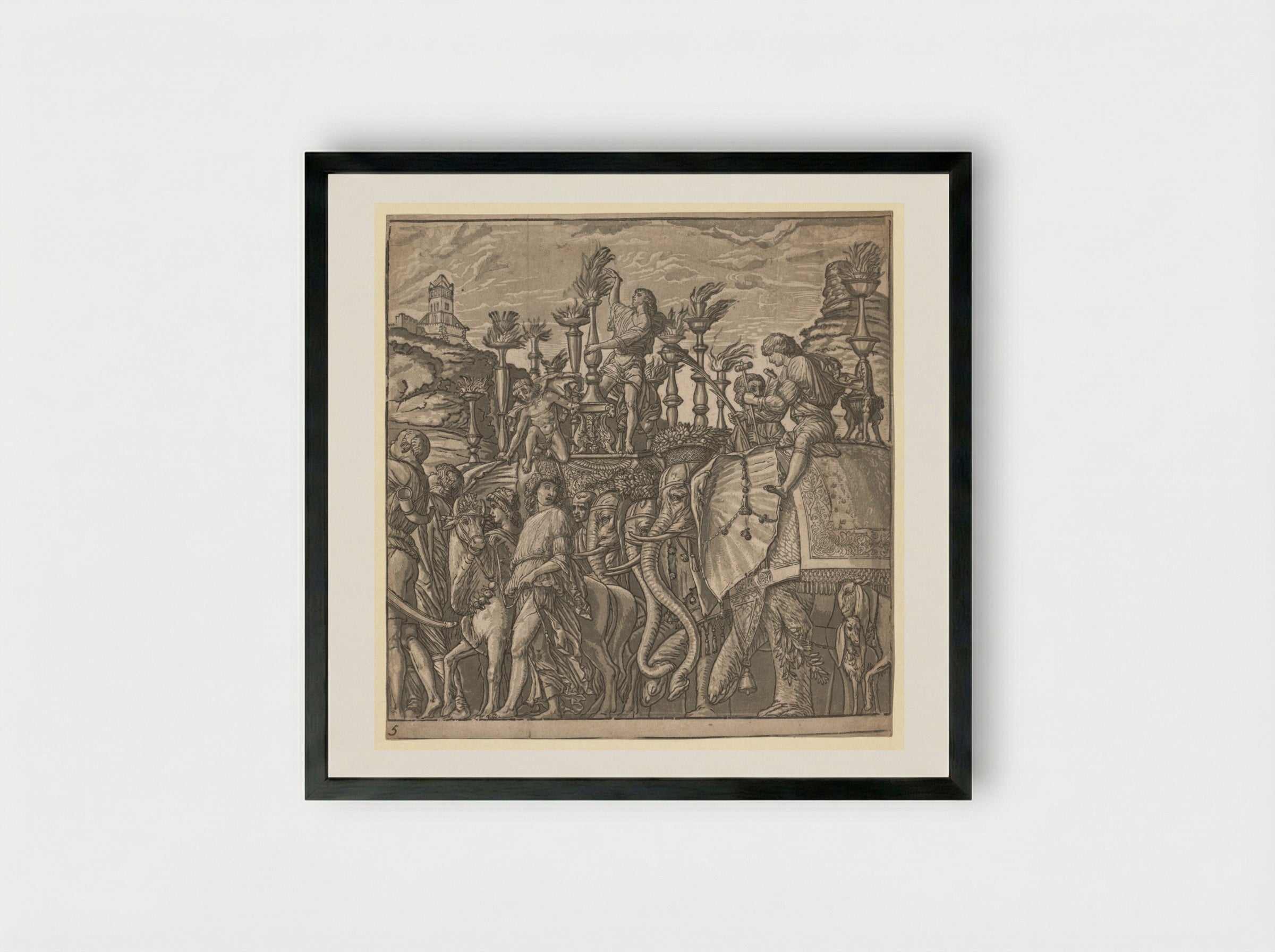 The Triumph of Julius Caesar: Elephants Carrying Torches - Andrea Andreani - Framed Print Black