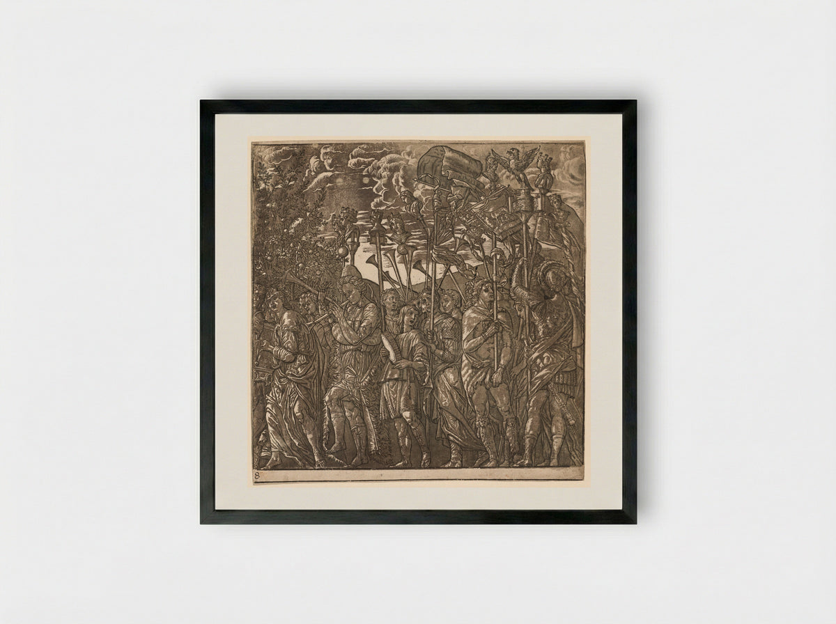 The Triumph of Julius Caesar: Soldiers Carrying Banners and Standards - Andrea Andreani - Framed Print Black