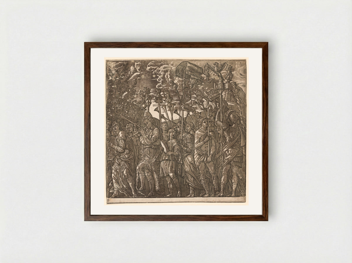 The Triumph of Julius Caesar: Soldiers Carrying Banners and Standards - Andrea Andreani - Framed Print Dark Wood