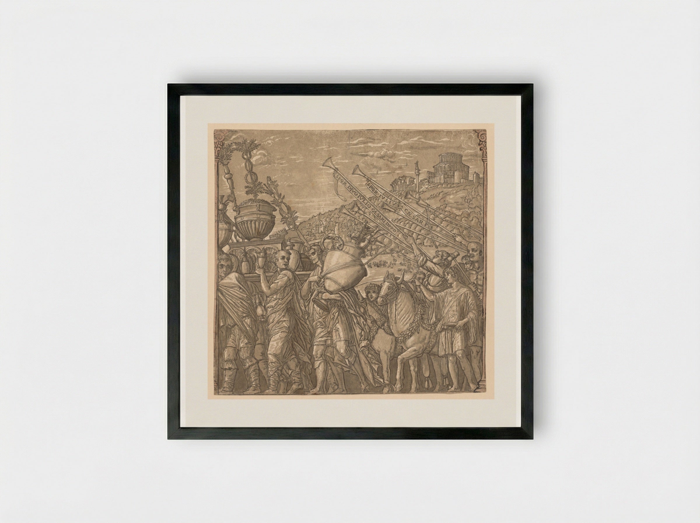 The Triumph of Julius Caesar: Soldiers Carrying Vases - Andrea Andreani - Framed Print Black