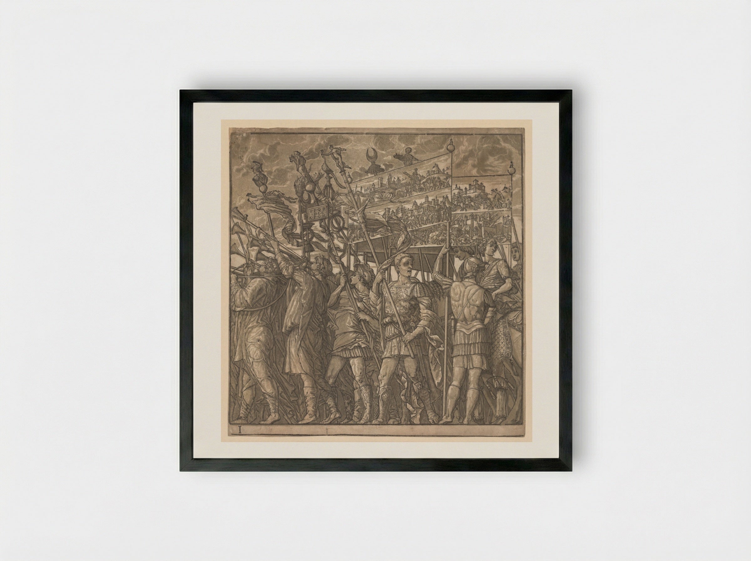 The Triumph of Julius Caesar: Soldiers Carrying the Pictures of War - Andrea Andreani - Framed Print Black