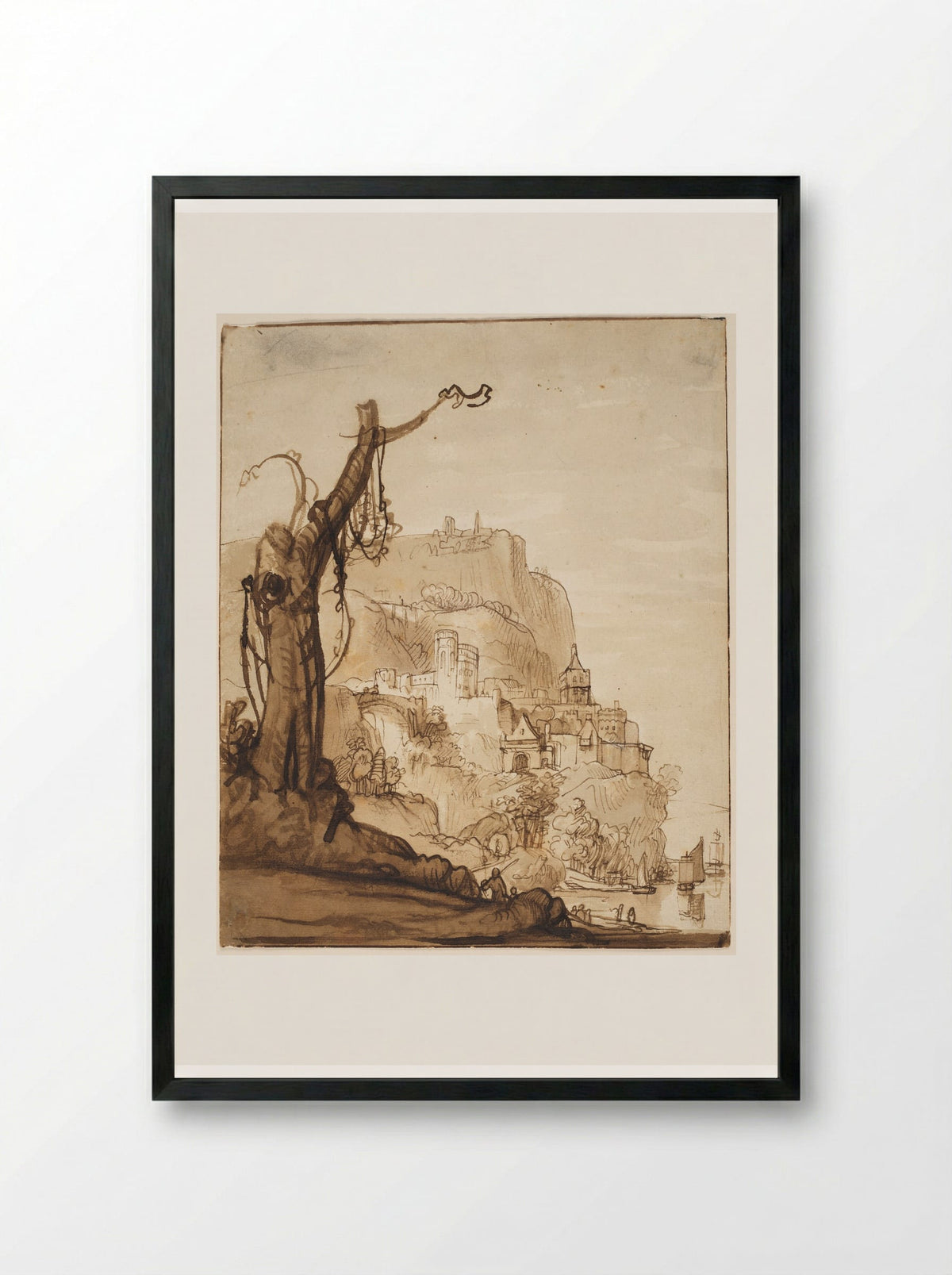 The Valkhof, Nijmegen, in an Imaginary Landscape - Nicolaes Maes - Framed Print Black
