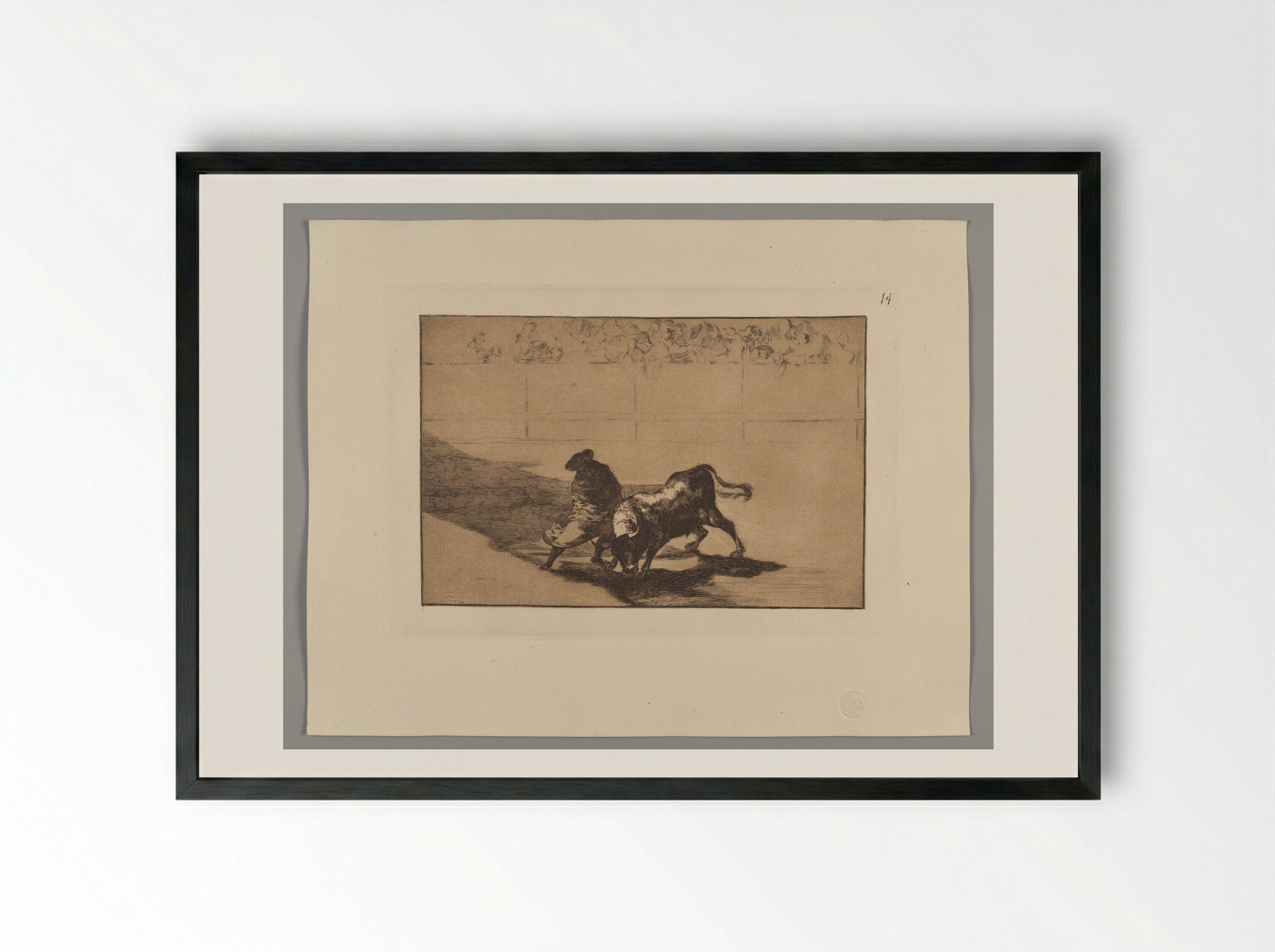 The Very Skillful Student of Falces, Wrapped in His Cape, Tricks the Bull with the Play of his Body - Francisco José de Goya y Lucientes - Framed Print Black