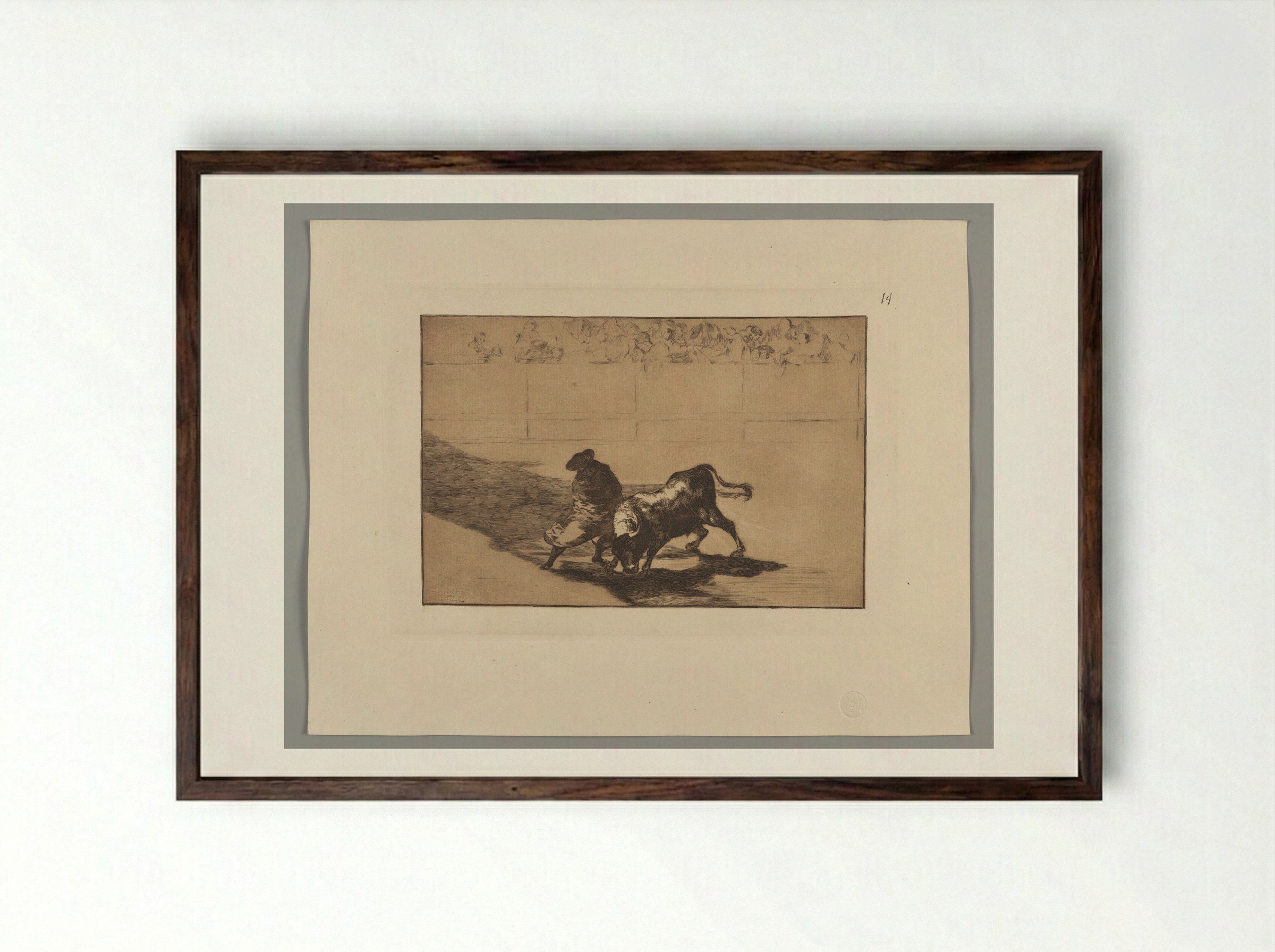The Very Skillful Student of Falces, Wrapped in His Cape, Tricks the Bull with the Play of his Body - Francisco José de Goya y Lucientes - Framed Print Dark Wood