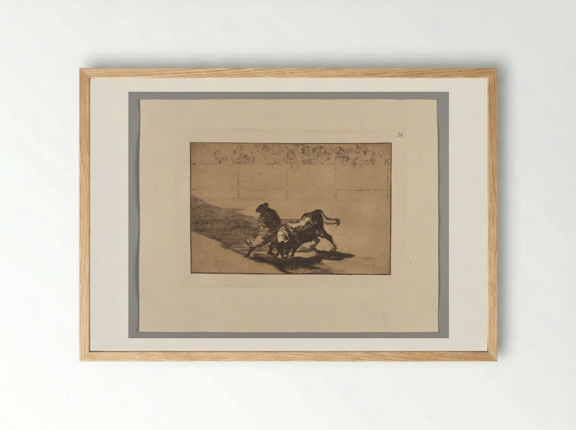 The Very Skillful Student of Falces, Wrapped in His Cape, Tricks the Bull with the Play of his Body - Francisco José de Goya y Lucientes - Framed Print Wood