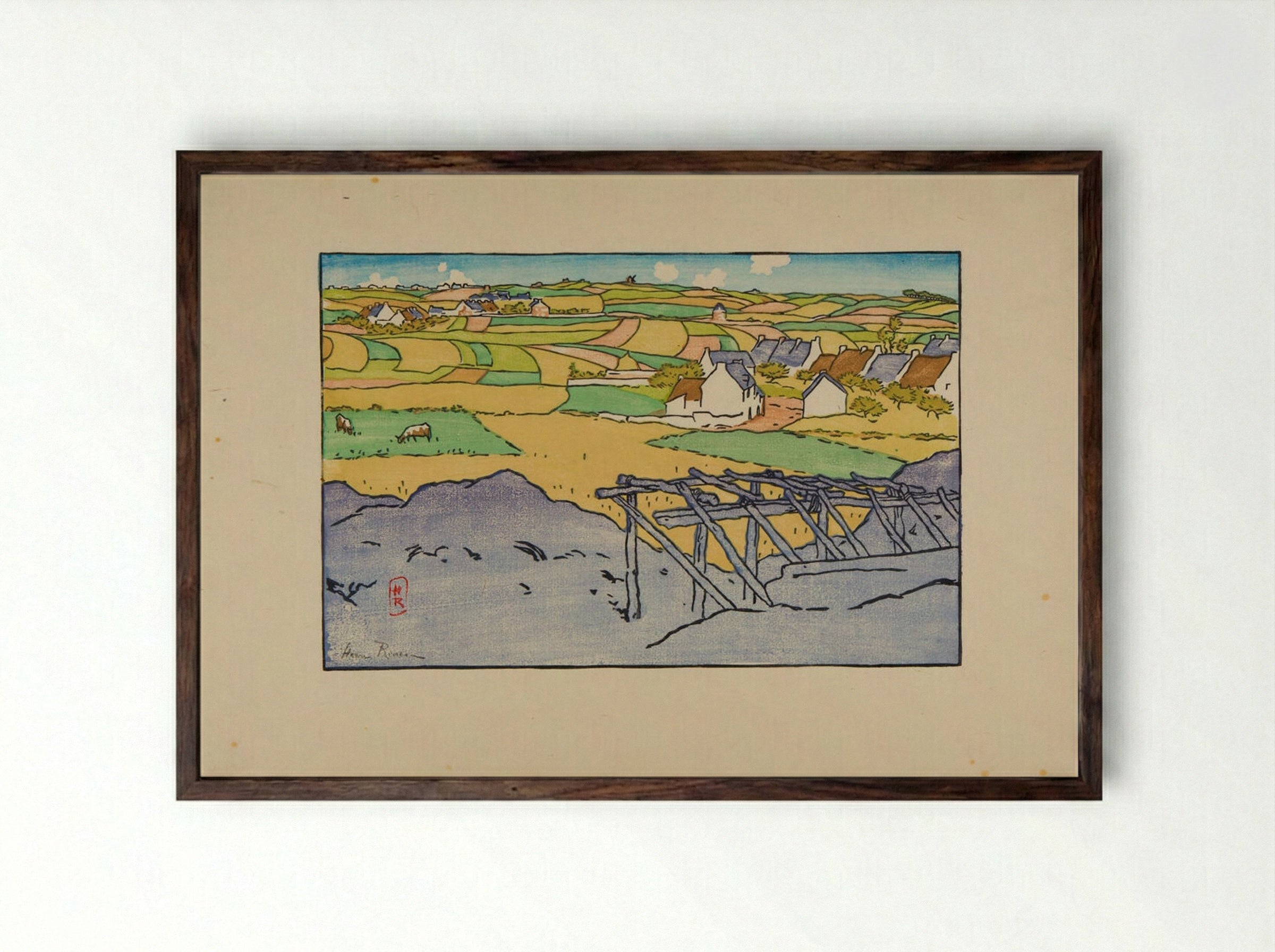 The Village with the Chapel Seen from Tertres (St. Briac) - Henri Rivière - Framed Print Dark Wood