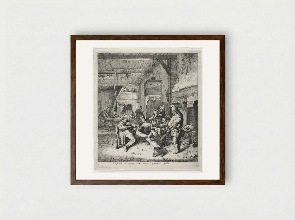 The Violin-Player Seated in the Inn - Cornelis Dusart - Framed Print Dark Wood