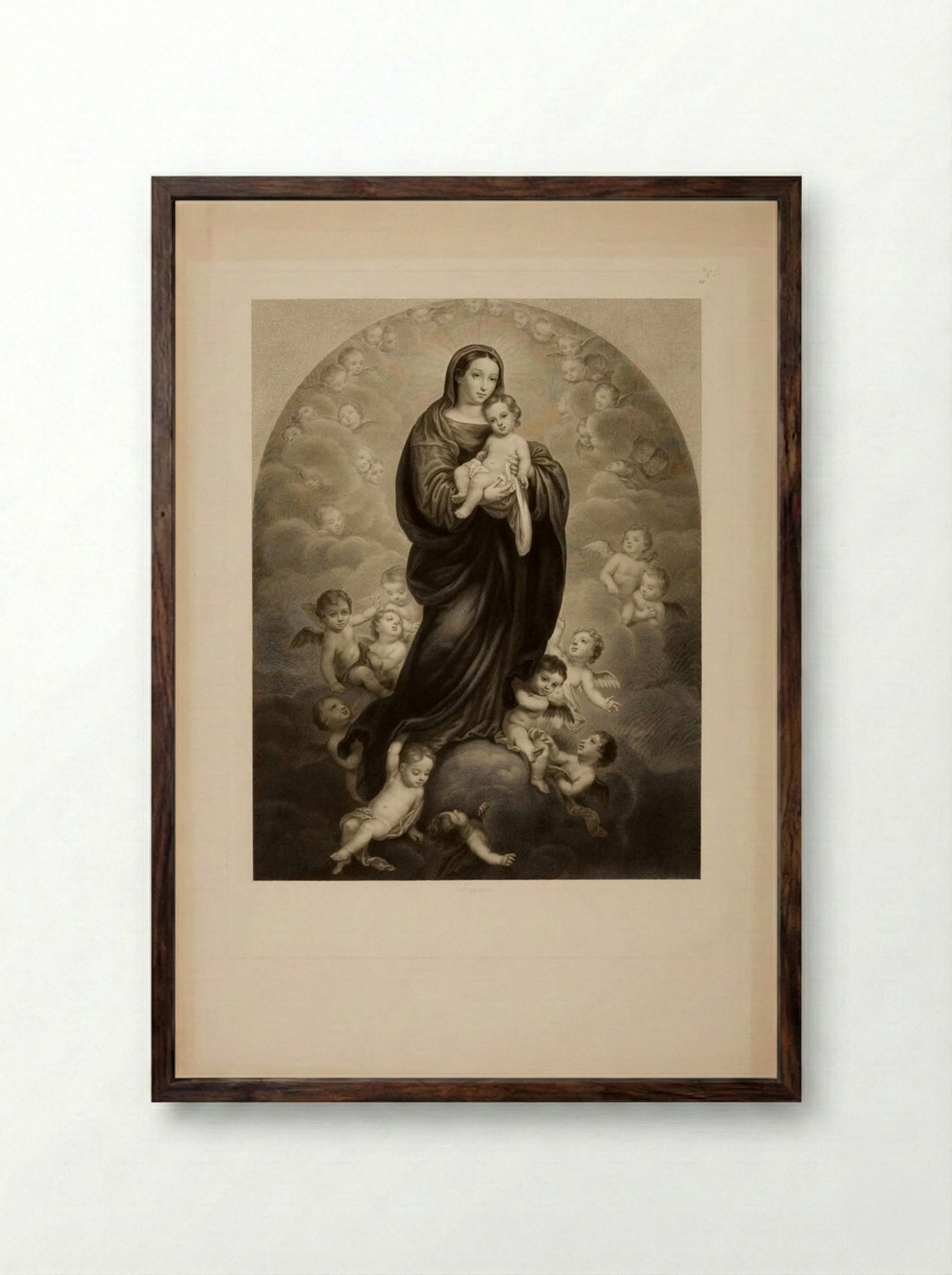 The Virgin Among the Angels - Jean Marie Leroux - Framed Print Dark Wood