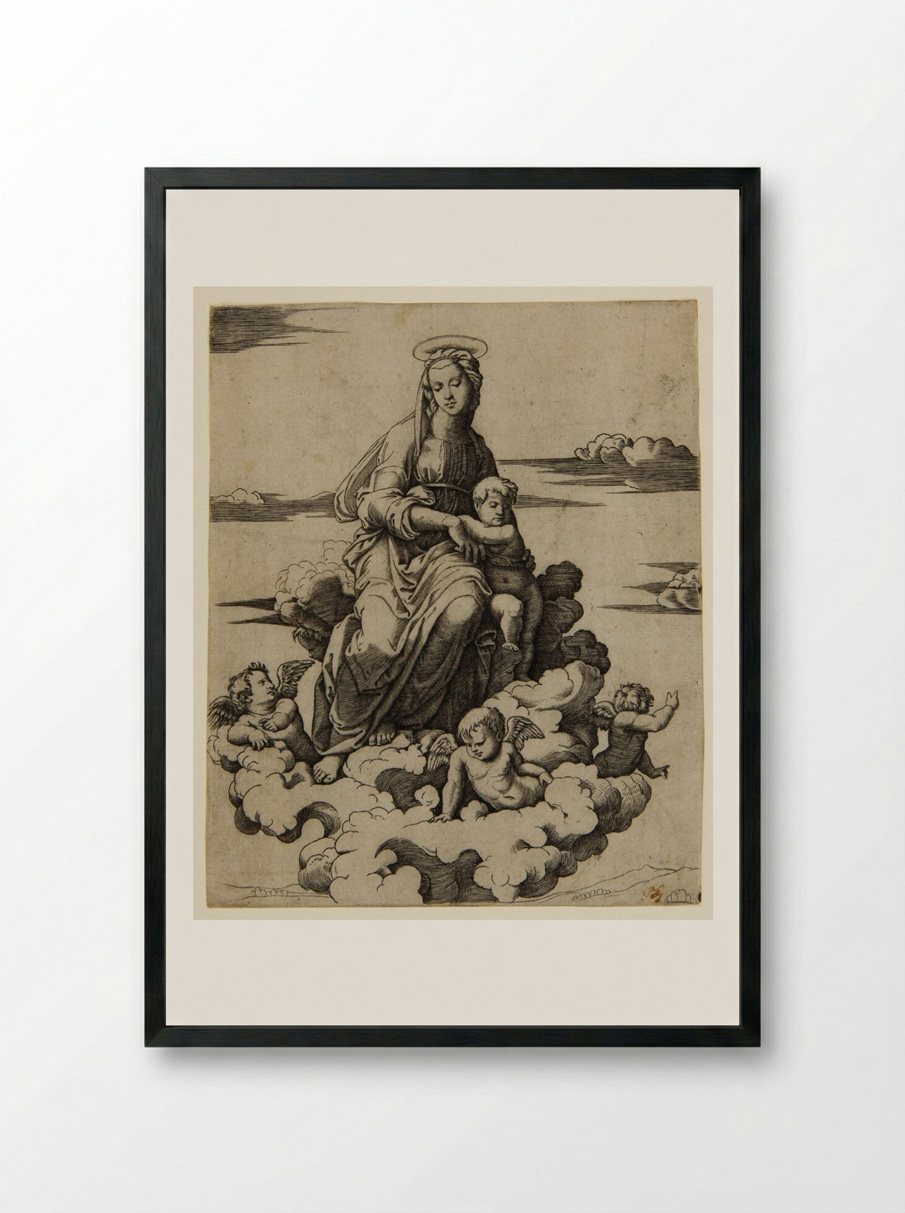 The Virgin Seated on the Clouds - Marcantonio Raimondi - Framed Print Black