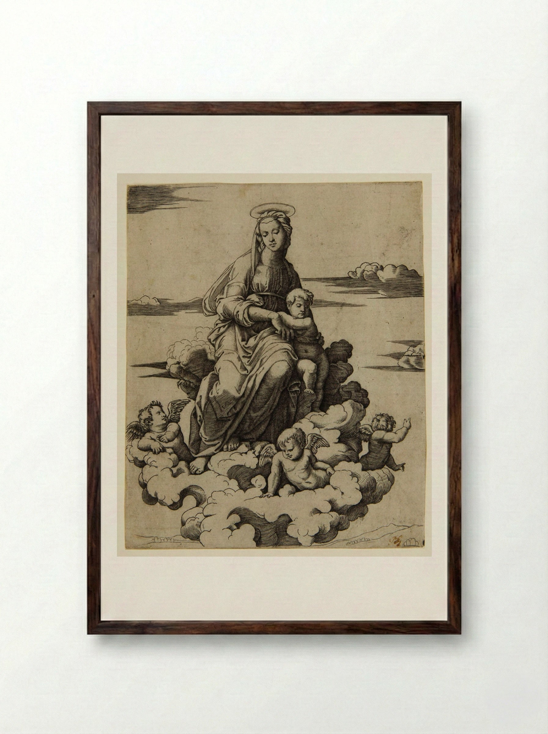 The Virgin Seated on the Clouds - Marcantonio Raimondi - Framed Print Dark Wood