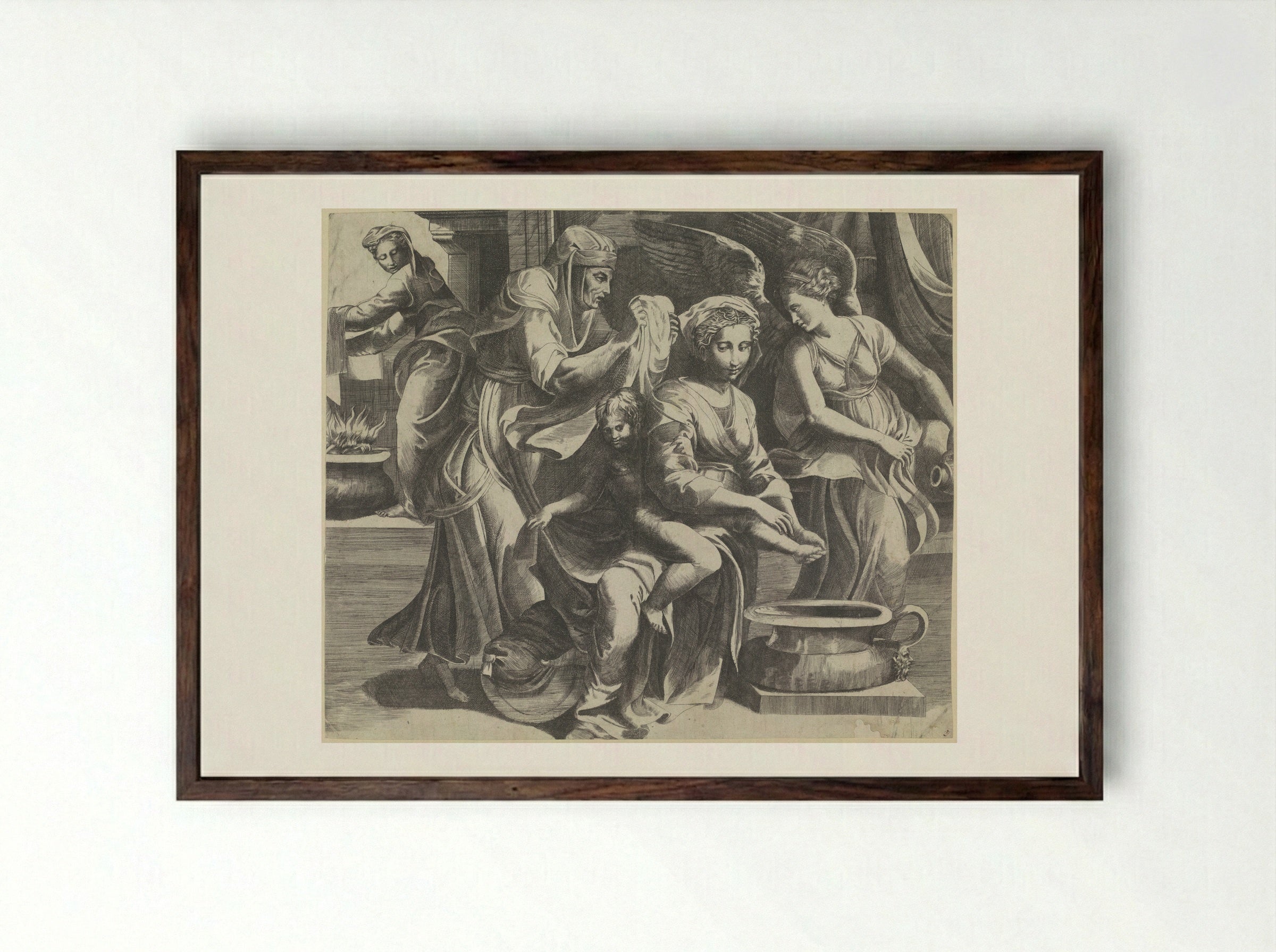 The Virgin Washing the Feet of the Christ Child - Giulio Bonasone - Framed Print Dark Wood