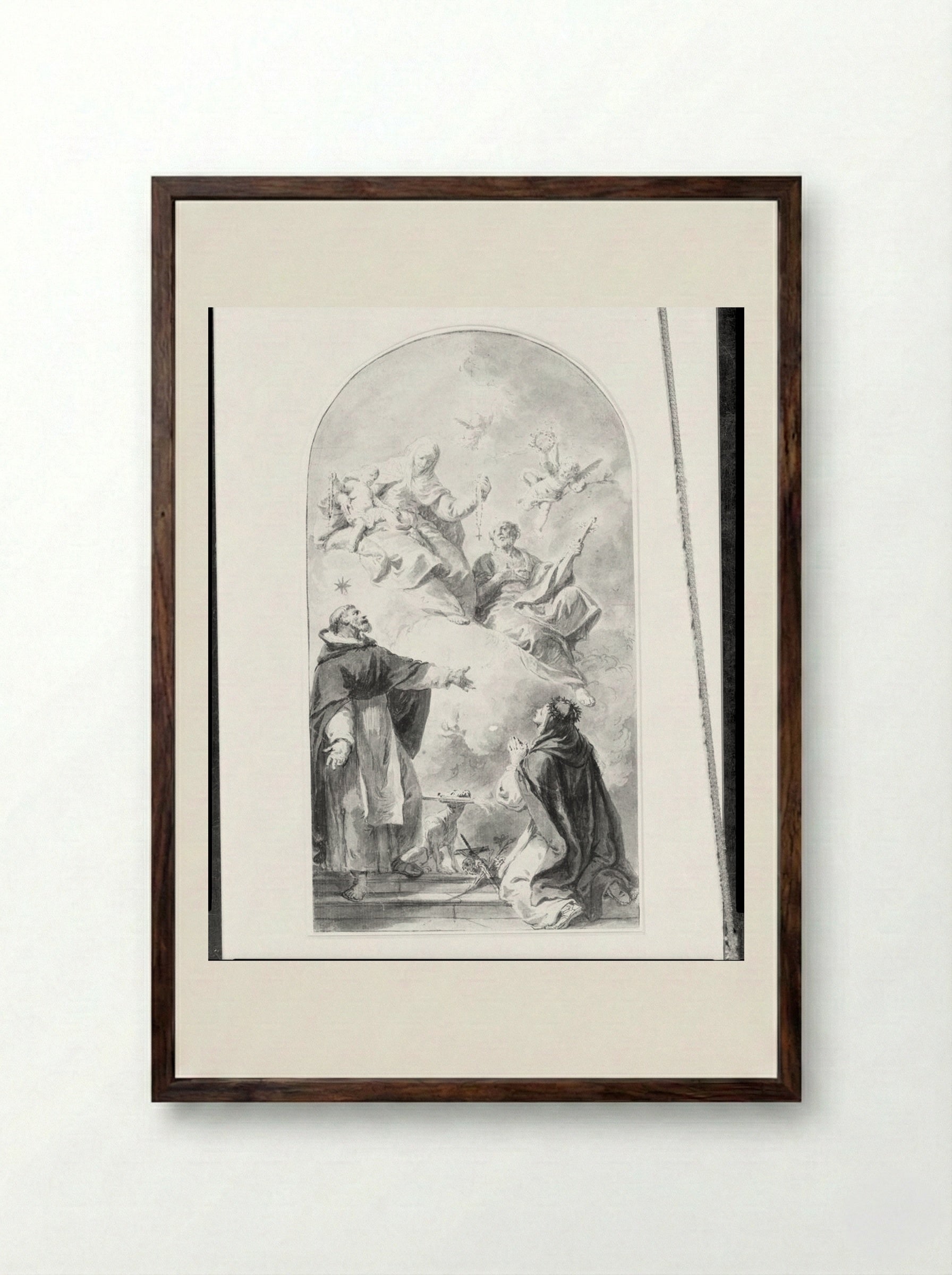 The Virgin and Child Presenting the Rosary to Saint Dominic and Saint Catherine of Siena - Francesco Fontebasso - Framed Print Dark Wood