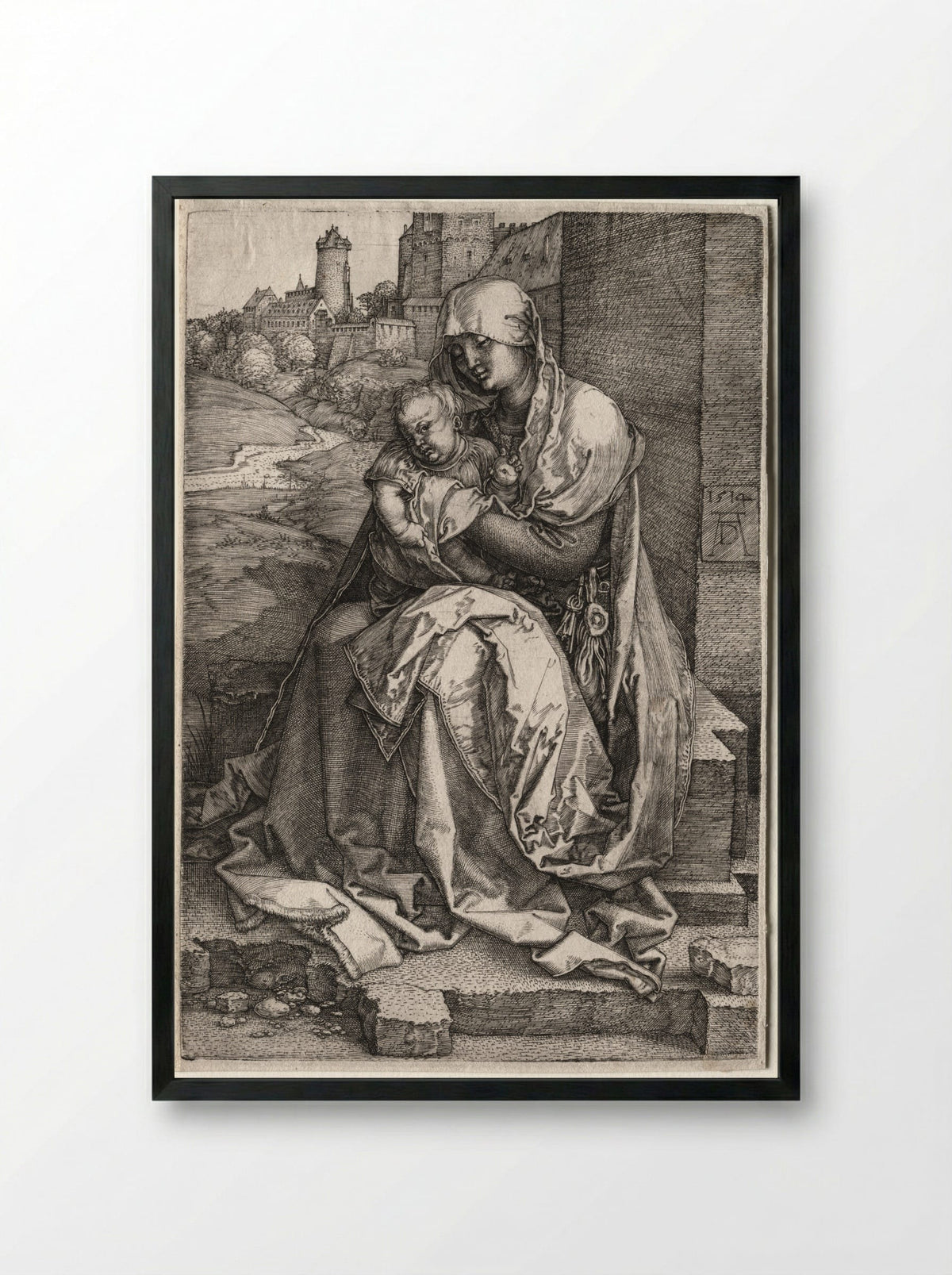 The Virgin and Child Seated by the Wall - Albrecht Dürer - Framed Print Black