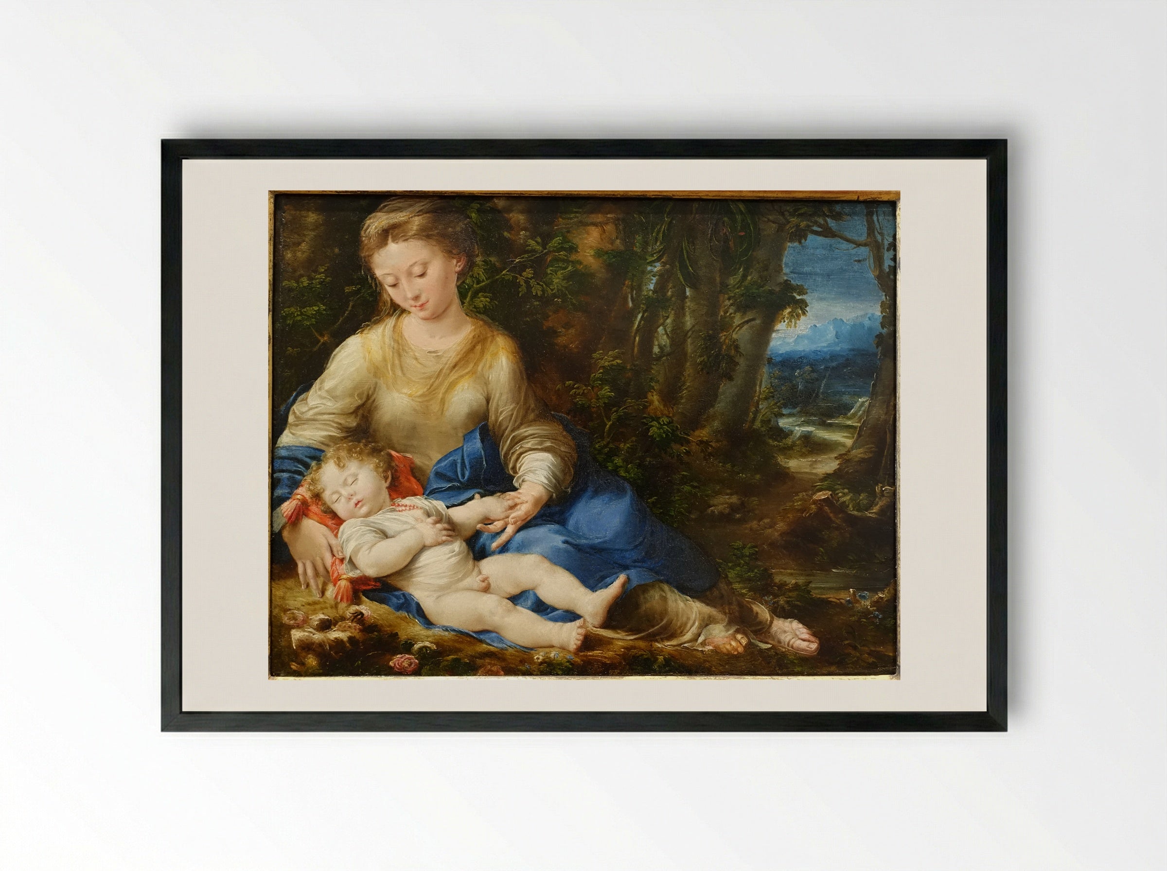 The Virgin and Child in a Landscape - Girolamo Mazzola Bedoli - Framed Print Black