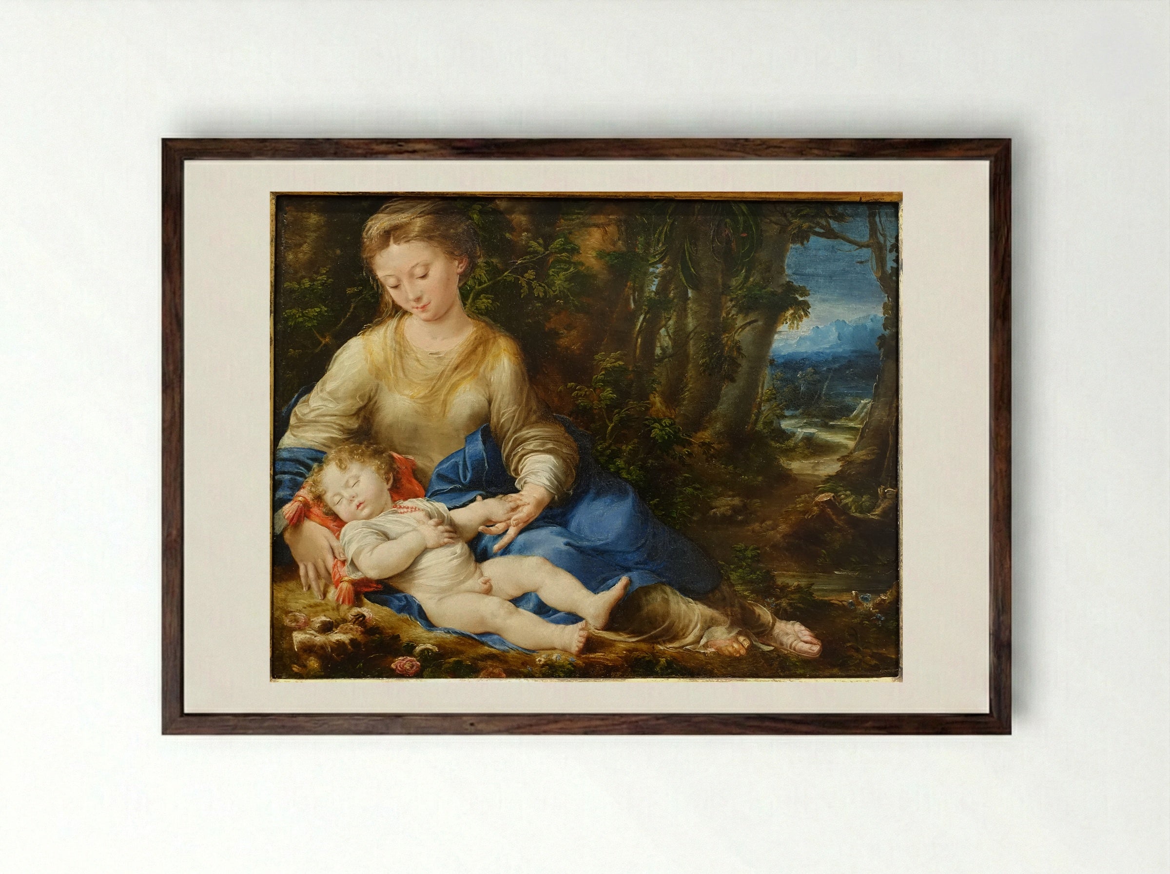 The Virgin and Child in a Landscape - Girolamo Mazzola Bedoli - Framed Print Dark Wood