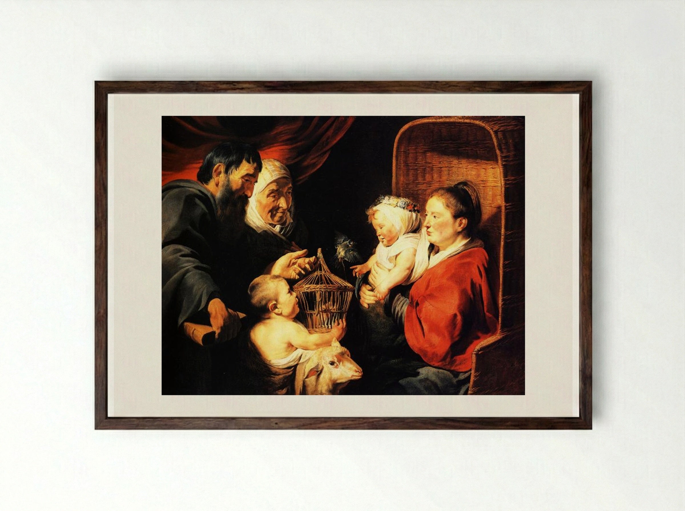 The Virgin and Child in the company of little St. John and his parents - Jacob Jordaens - Framed Print Dark Wood