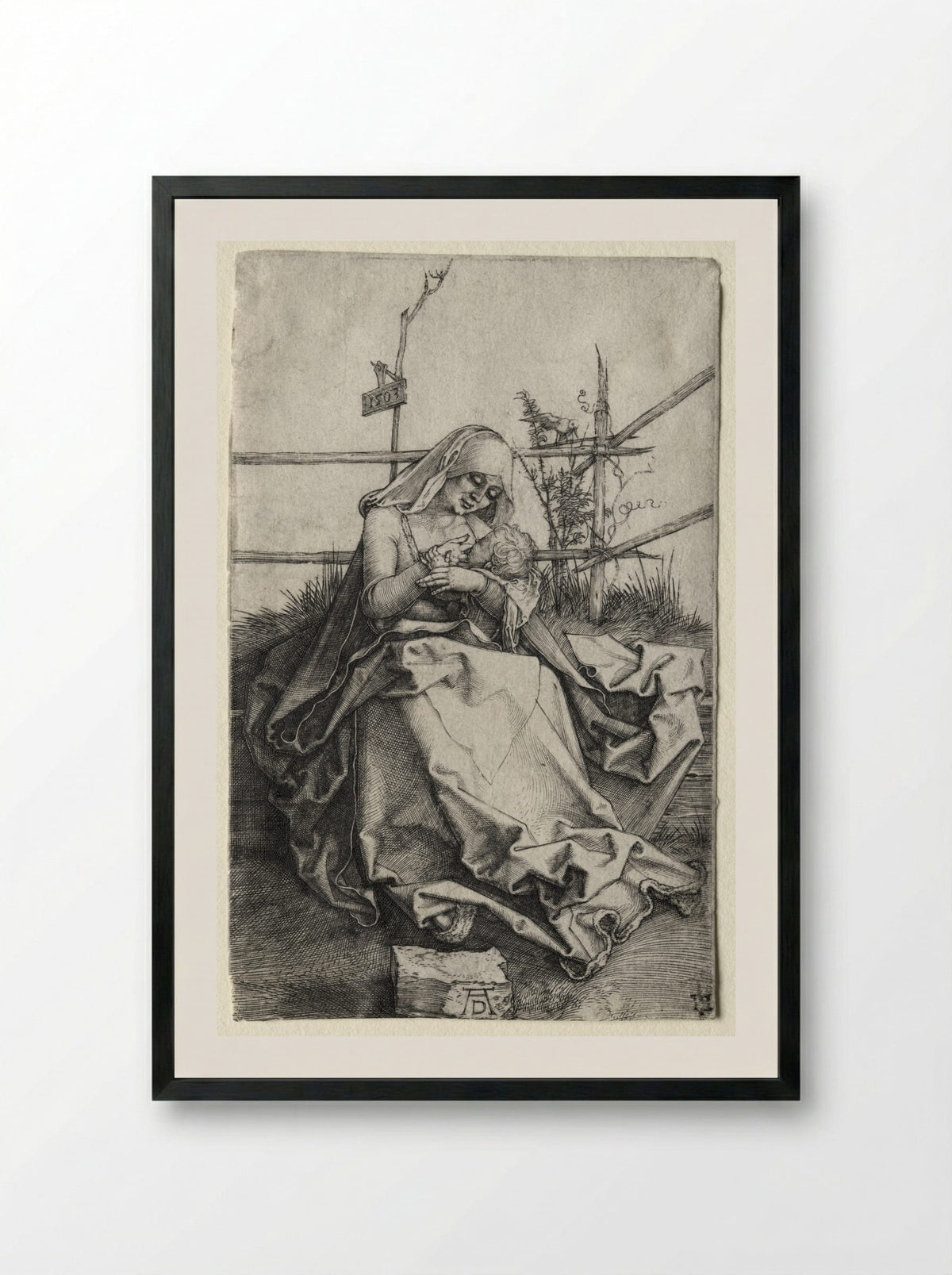 The Virgin and Child on a Grassy Bench - Albrecht Dürer - Framed Print Black