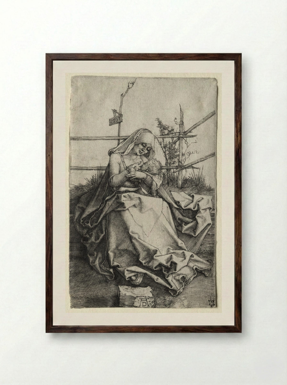 The Virgin and Child on a Grassy Bench - Albrecht Dürer - Framed Print Dark Wood