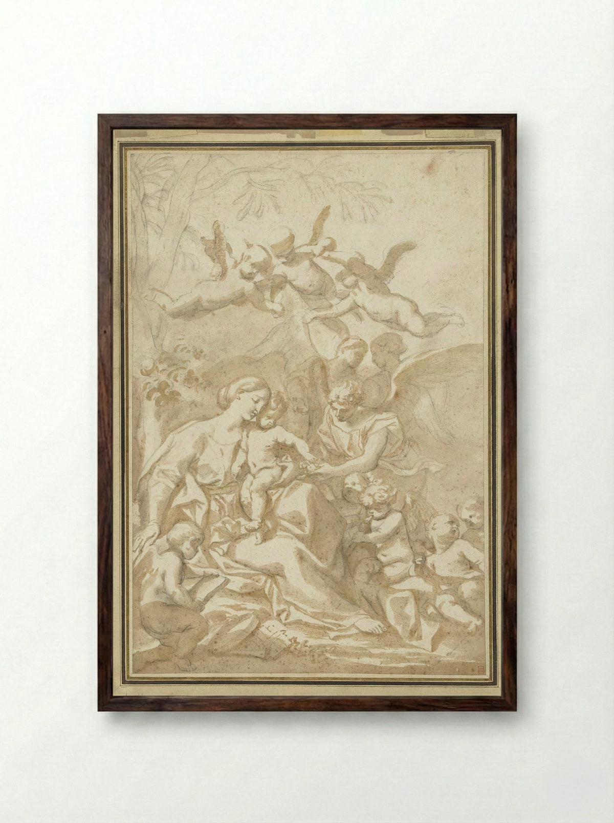 The Virgin and Child with Angels under a Tree - Domenico Piola - Framed Print Dark Wood